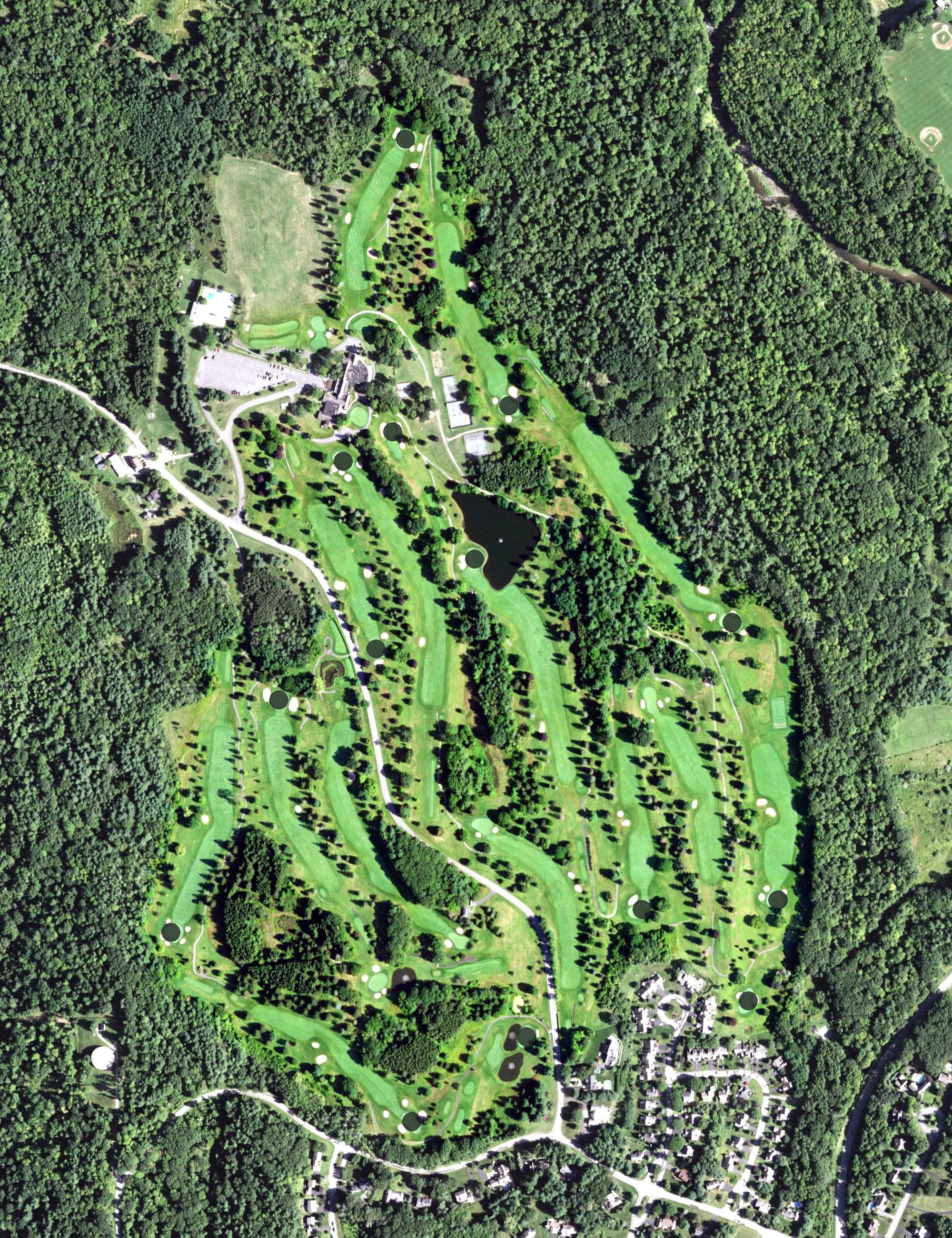 Aerial view of Albany Country Club, NY, with its hole routing marked