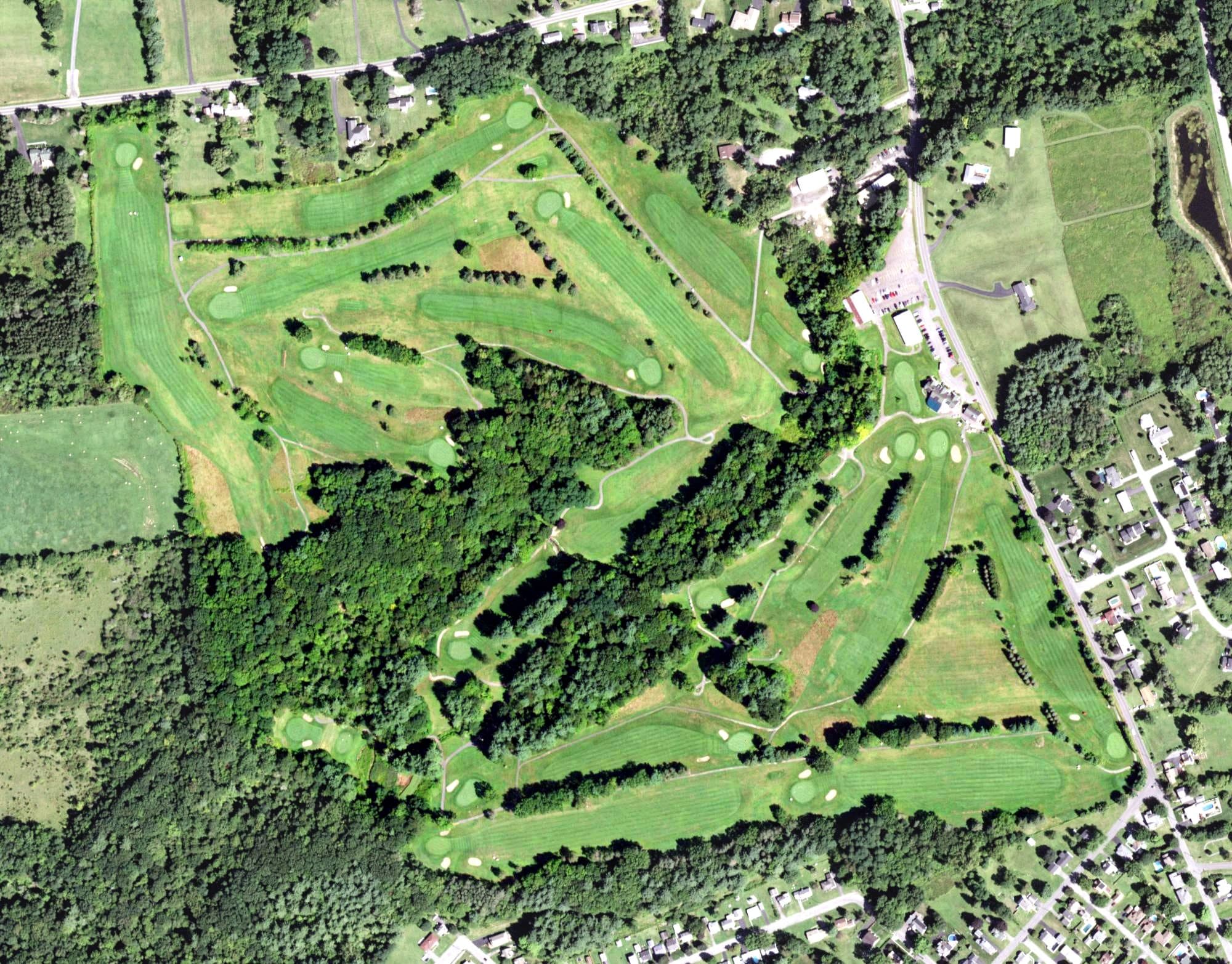 Aerial view of Amsterdam Municipal Golf Course, NY, with its hole routing marked