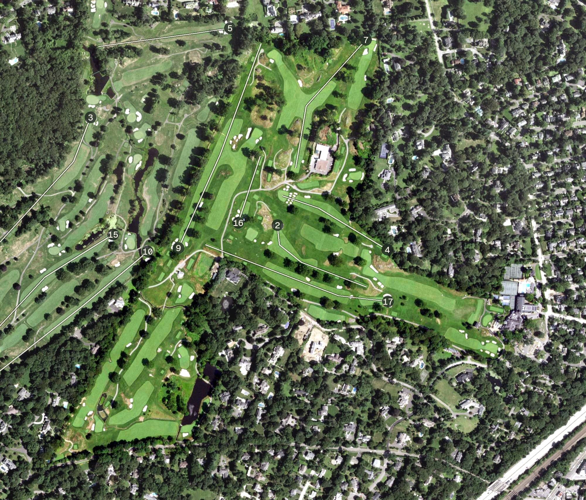 Aerial view of Apawamis Golf Club, NY, with its hole routing marked