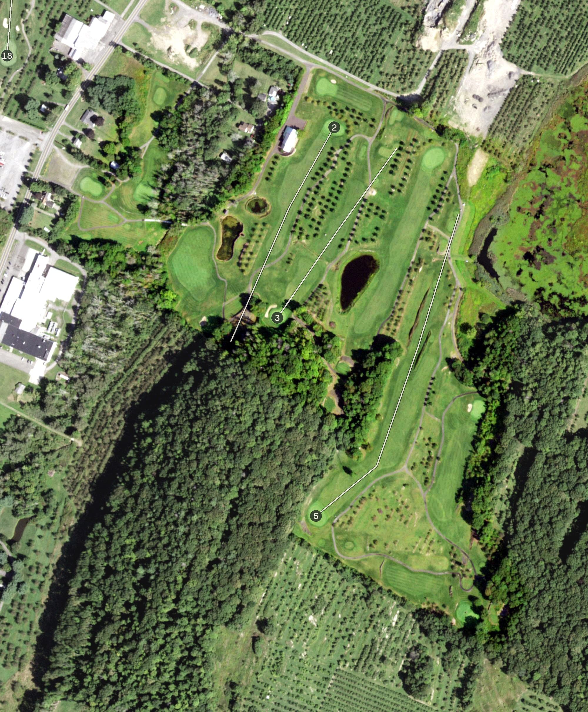 Aerial view of Apple Greens East, NY, with its hole routing marked
