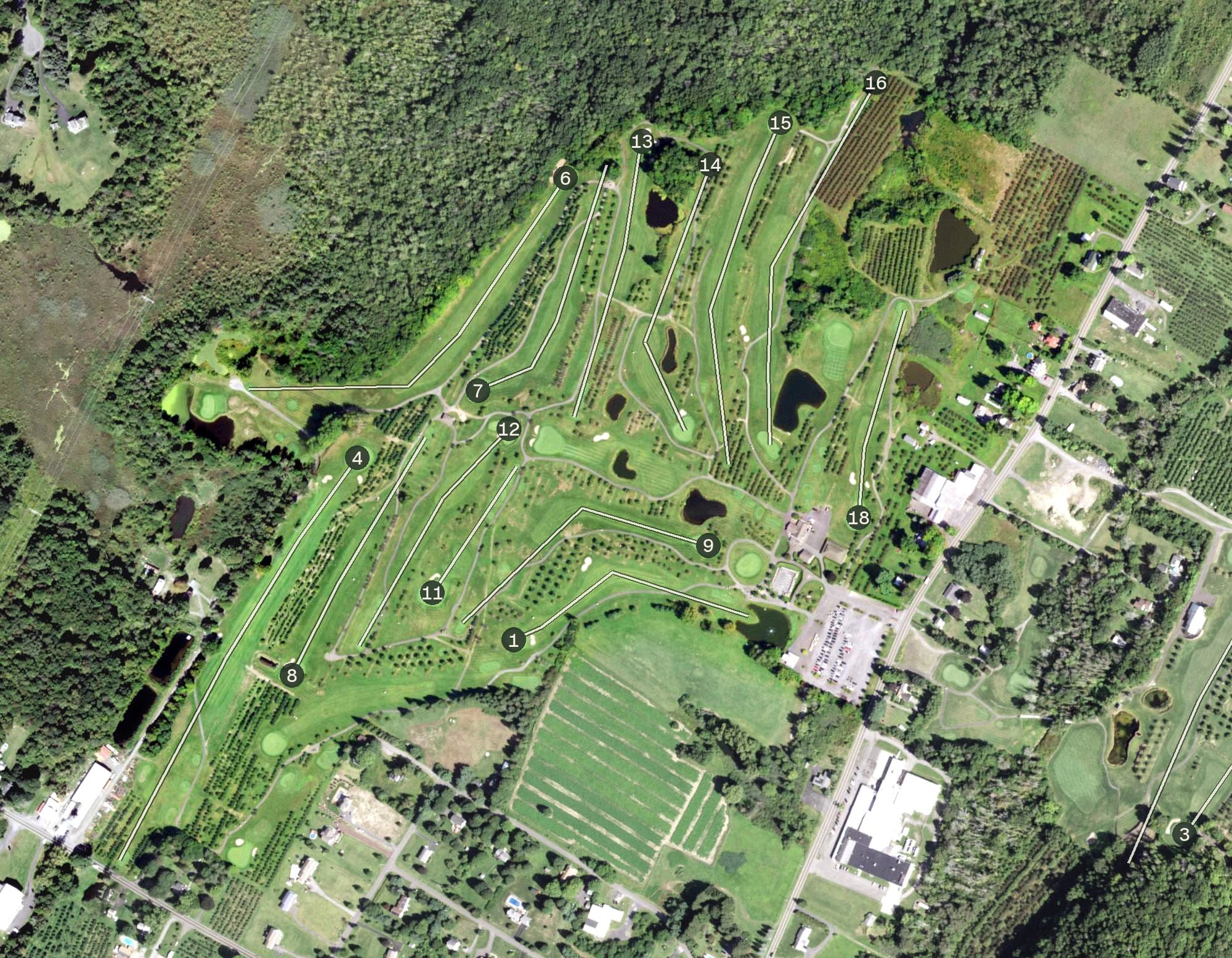 Aerial view of Apple Greens Golf Course, NY, with its hole routing marked