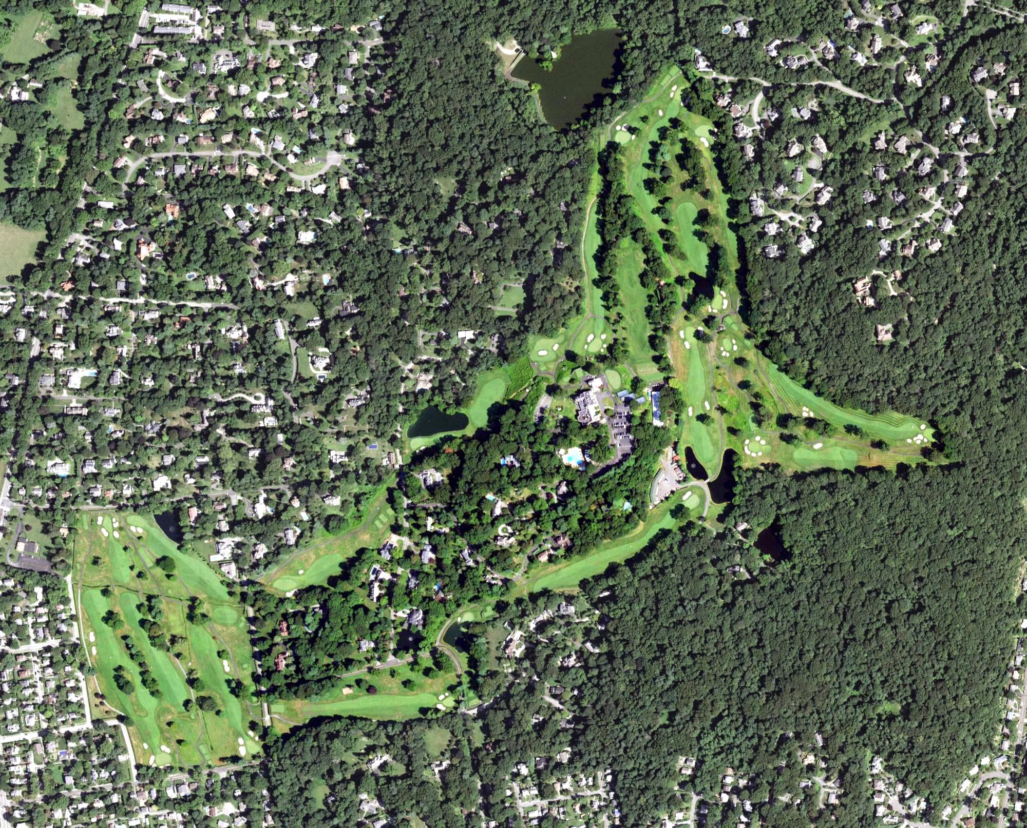 Aerial view of Ardsley Country Club, NY, with its hole routing marked