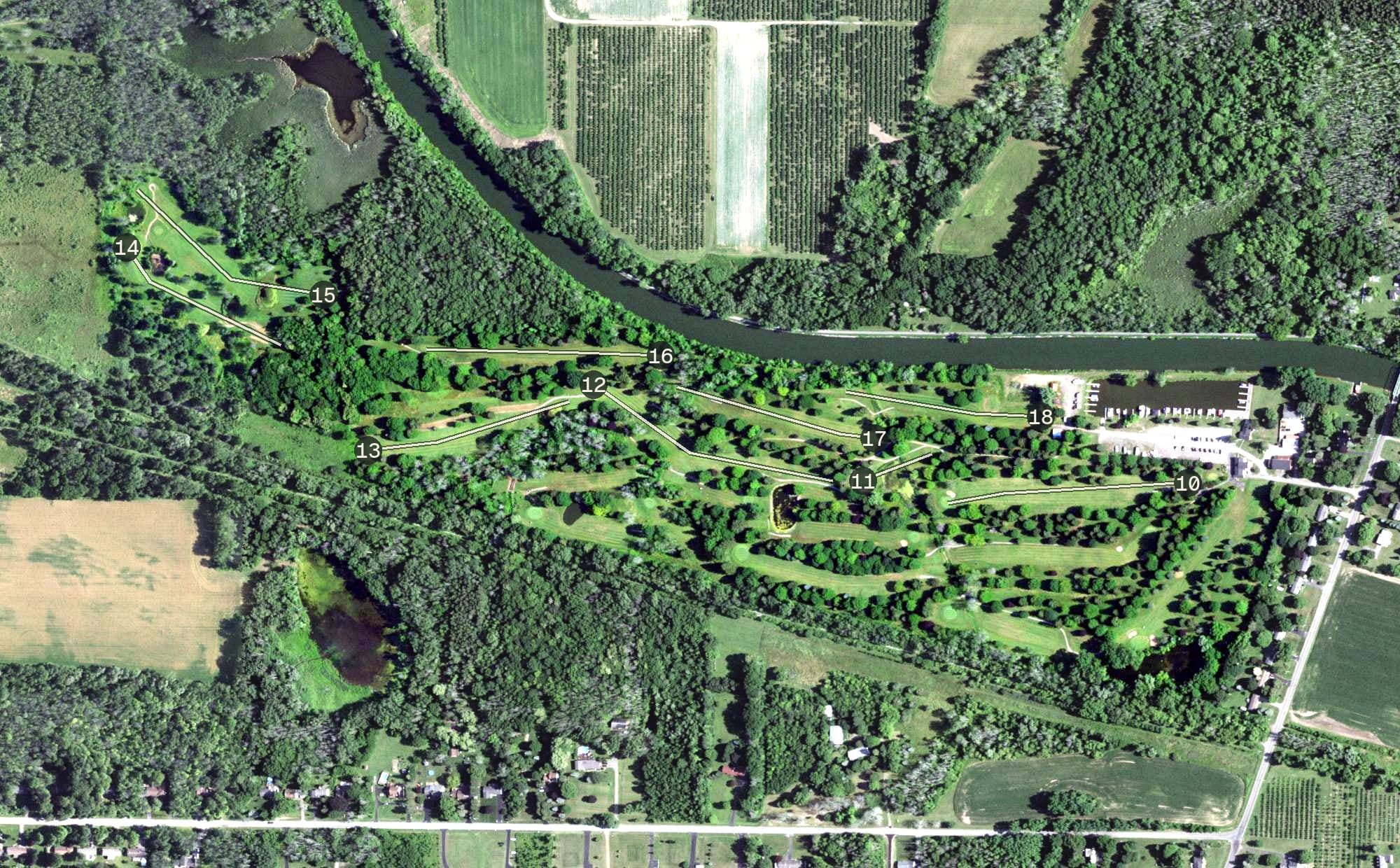 Aerial view of Arrowhead Golf Course & Marina, NY, with its hole routing marked