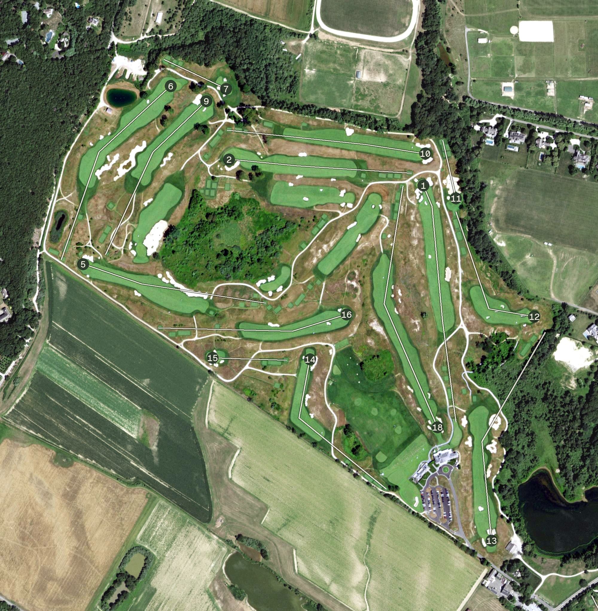 Aerial view of Atlantic Golf Club, NY, with its hole routing marked