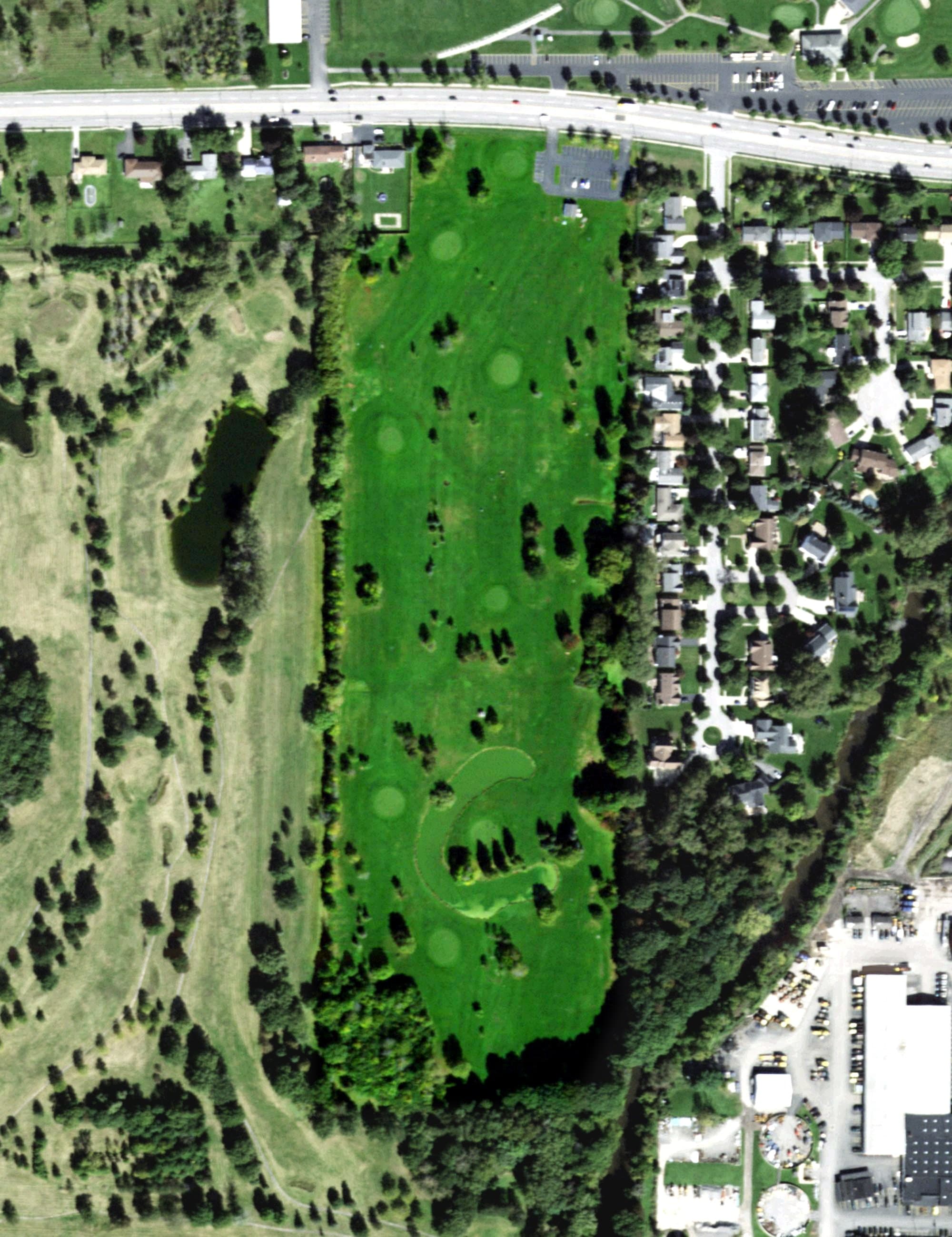 Aerial view of Audubon 9-Par Golf Course, NY, with its hole routing marked