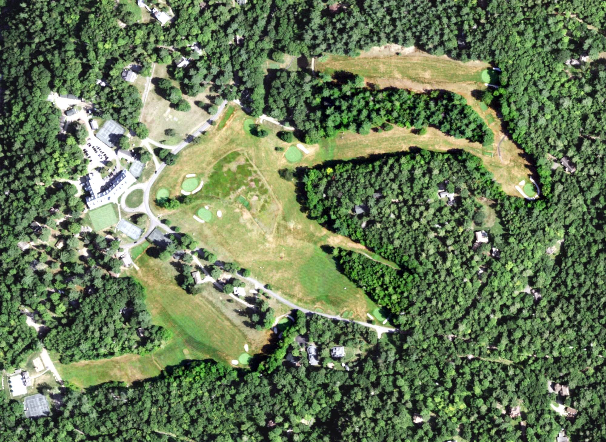 Aerial view of Ausable Club Golf Course, NY, with its hole routing marked