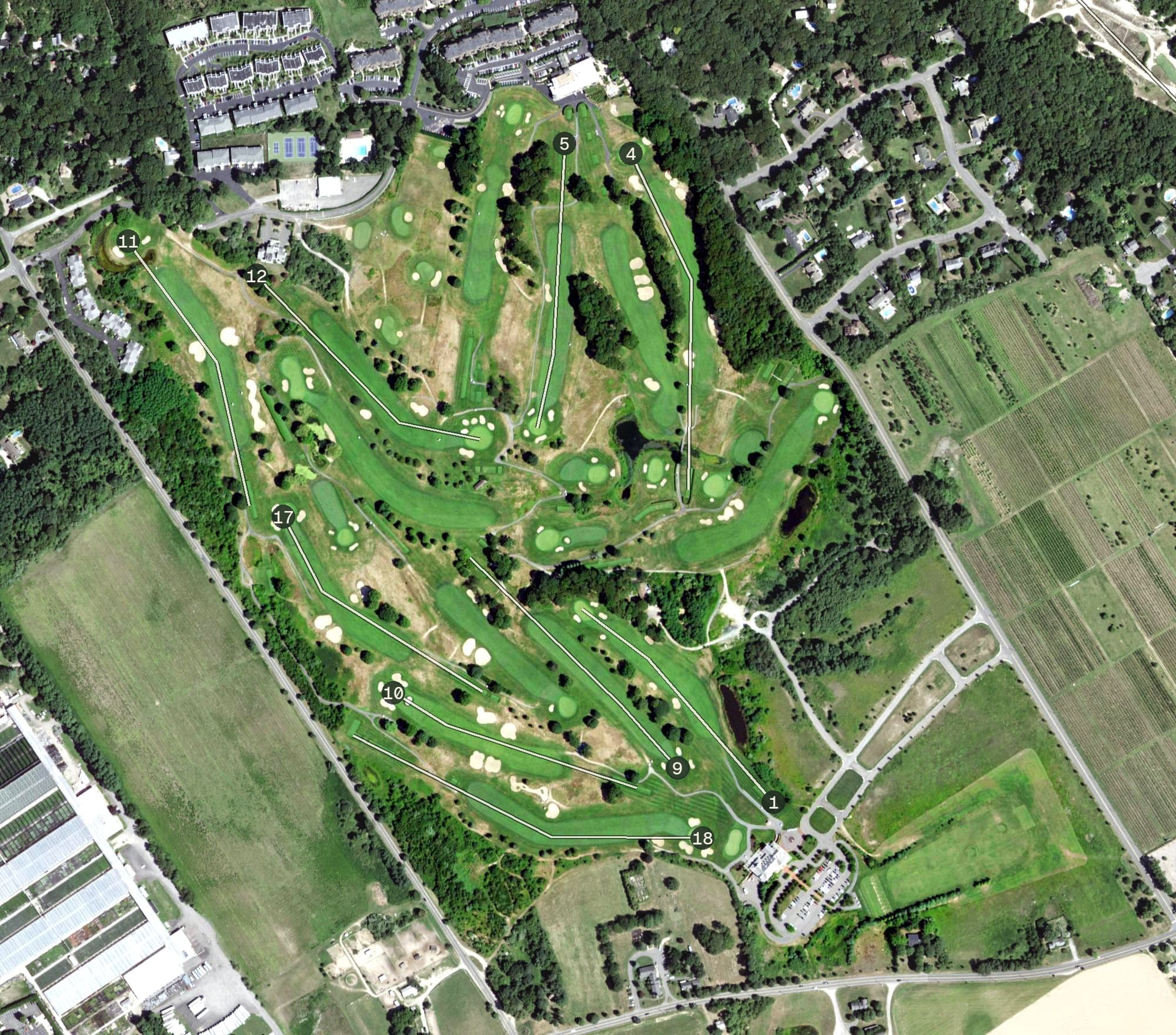 Aerial view of Baiting Hallow Golf Club, NY, with its hole routing marked