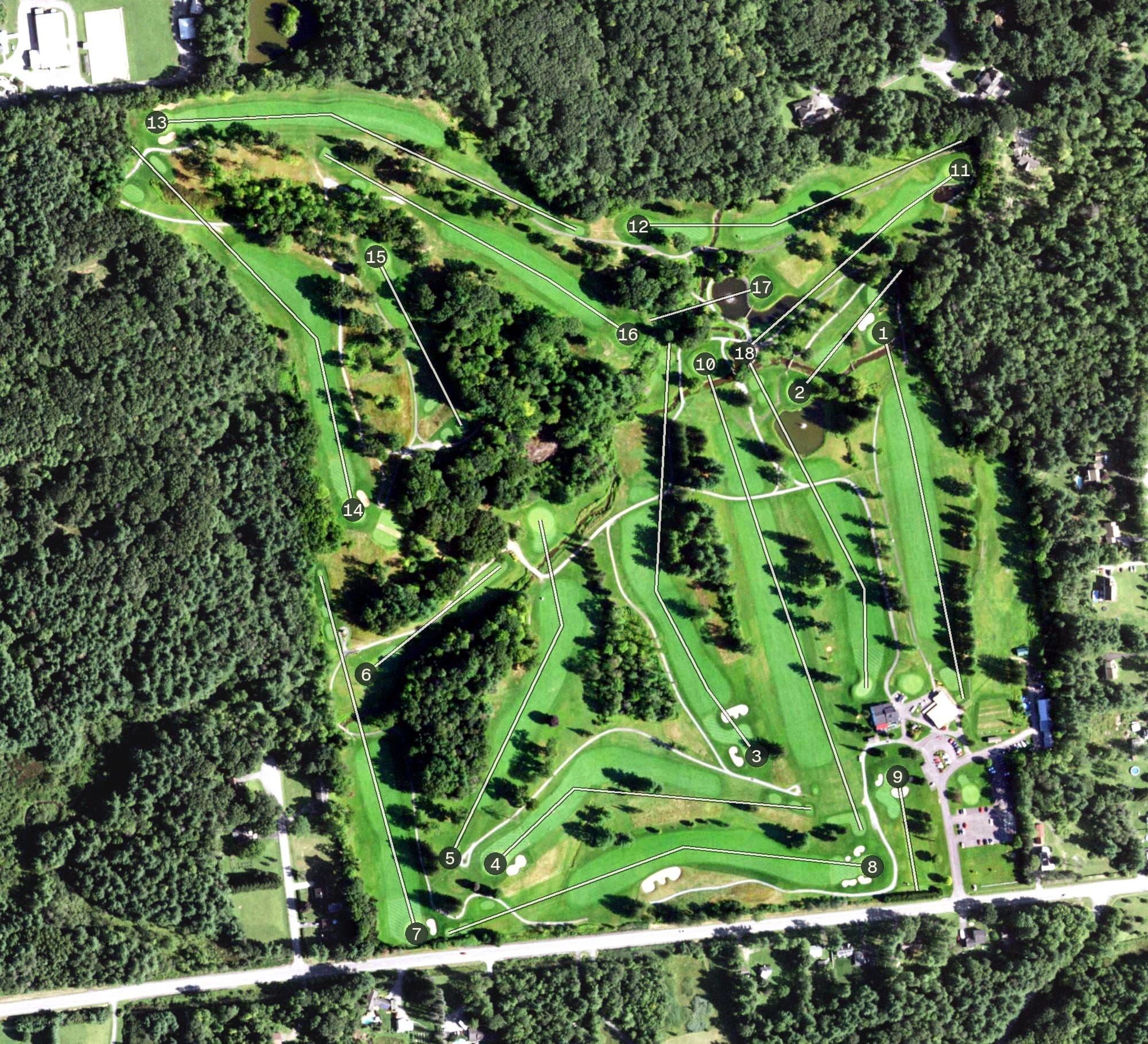 Aerial view of Ballston Spa Country Club, NY, with its hole routing marked