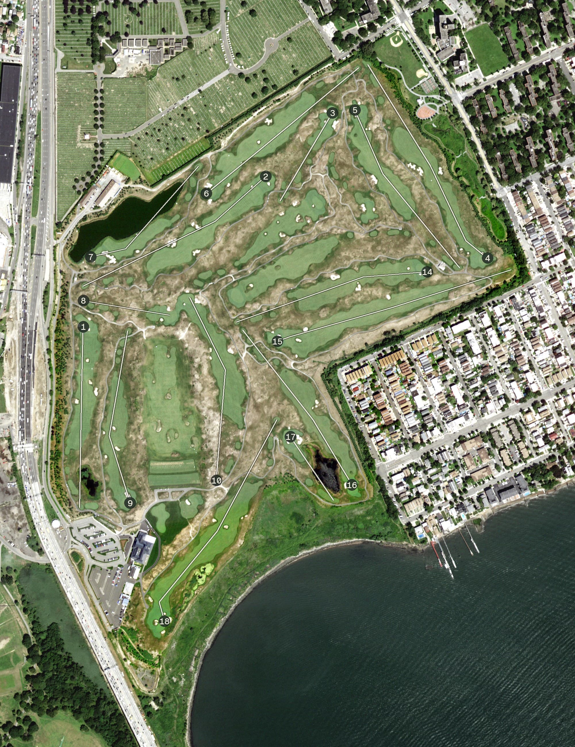 Aerial view of Bally's Golf Links at Ferry Point, NY, with its hole routing marked