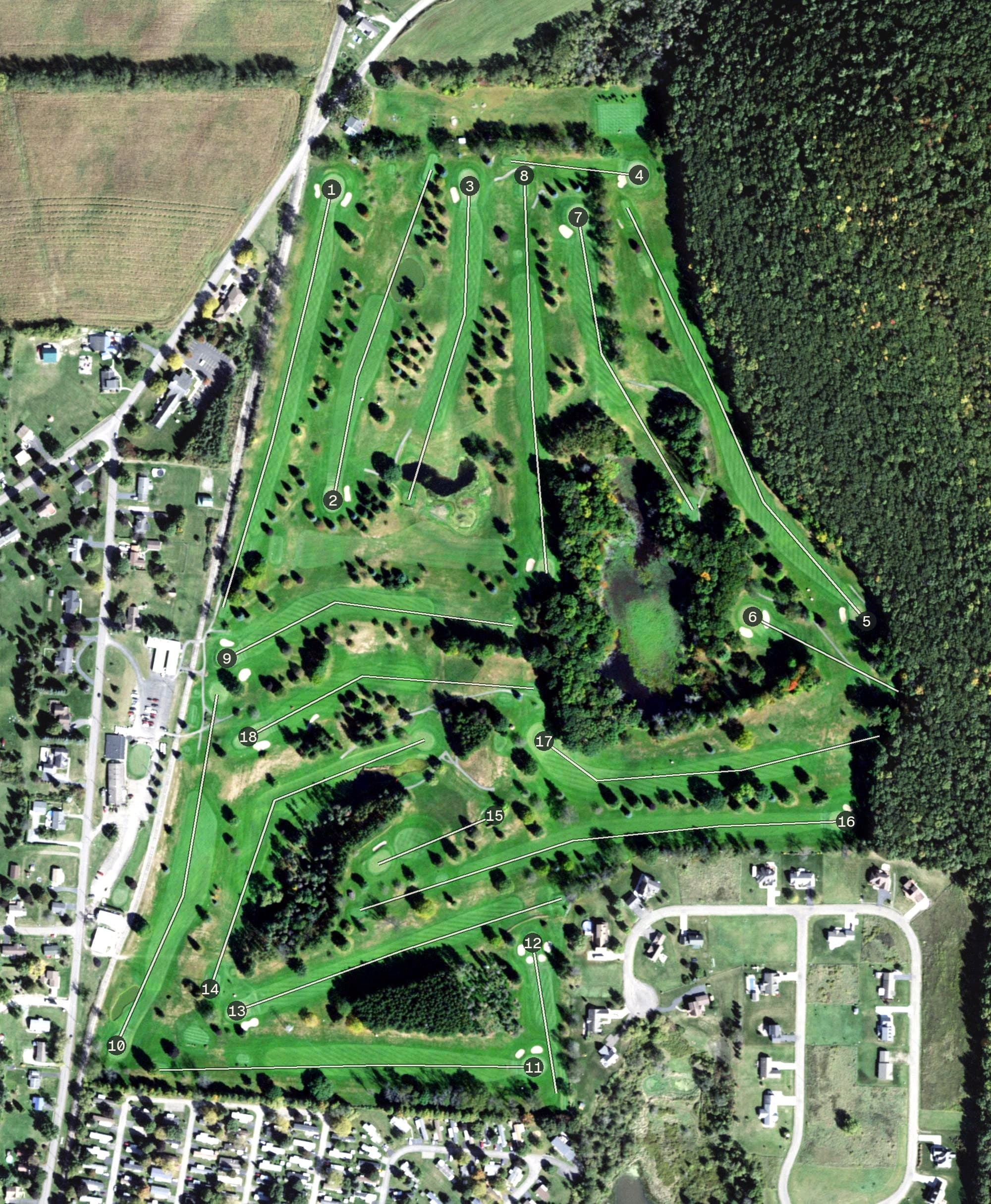 Aerial view of Bath Country Club, NY, with its hole routing marked