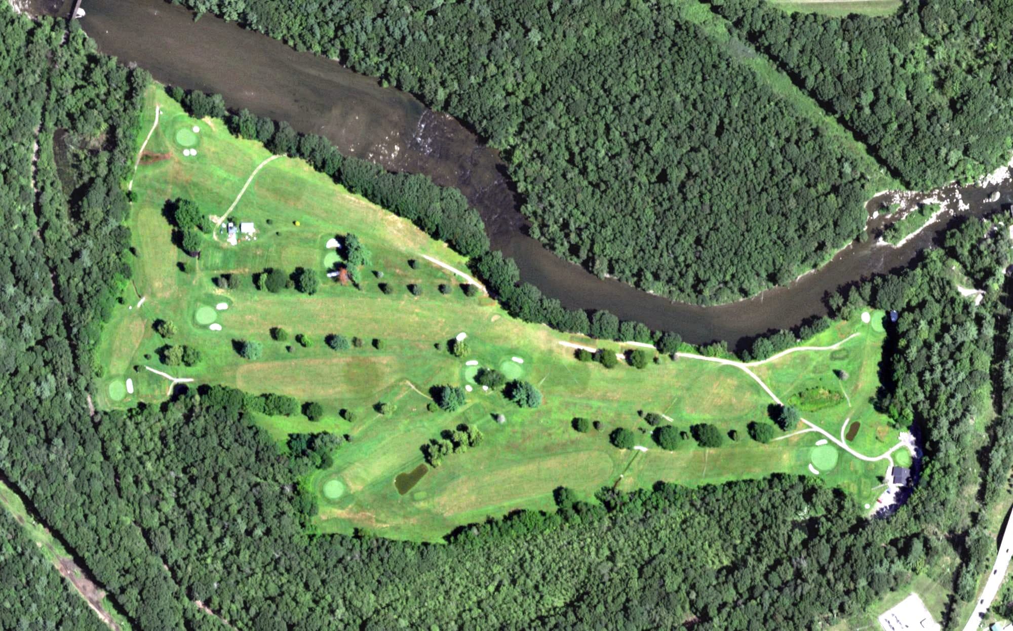 Aerial view of Battenkill Country Club, NY, with its hole routing marked