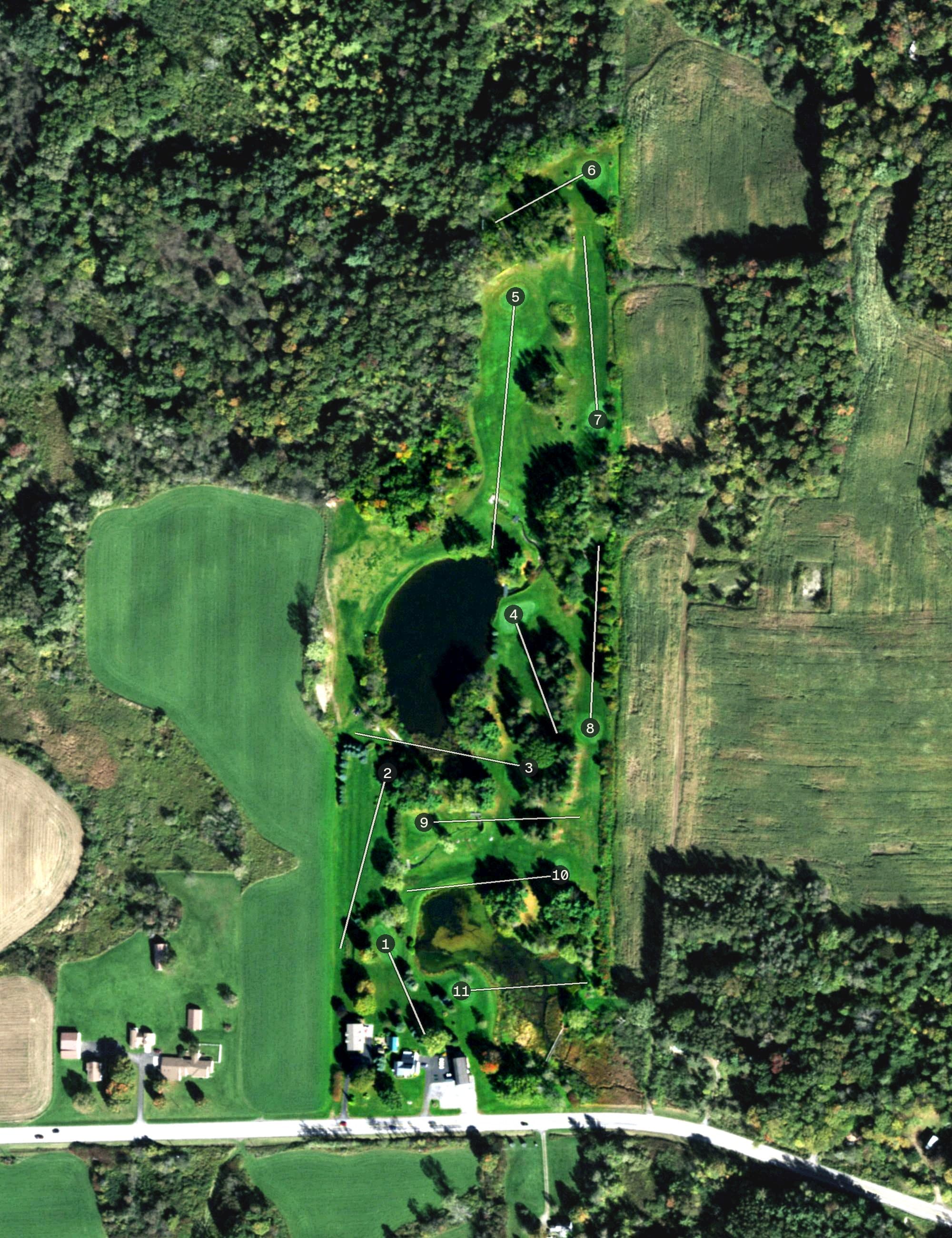 Aerial view of Beaver Meadow Creek Golf Course, NY, with its hole routing marked