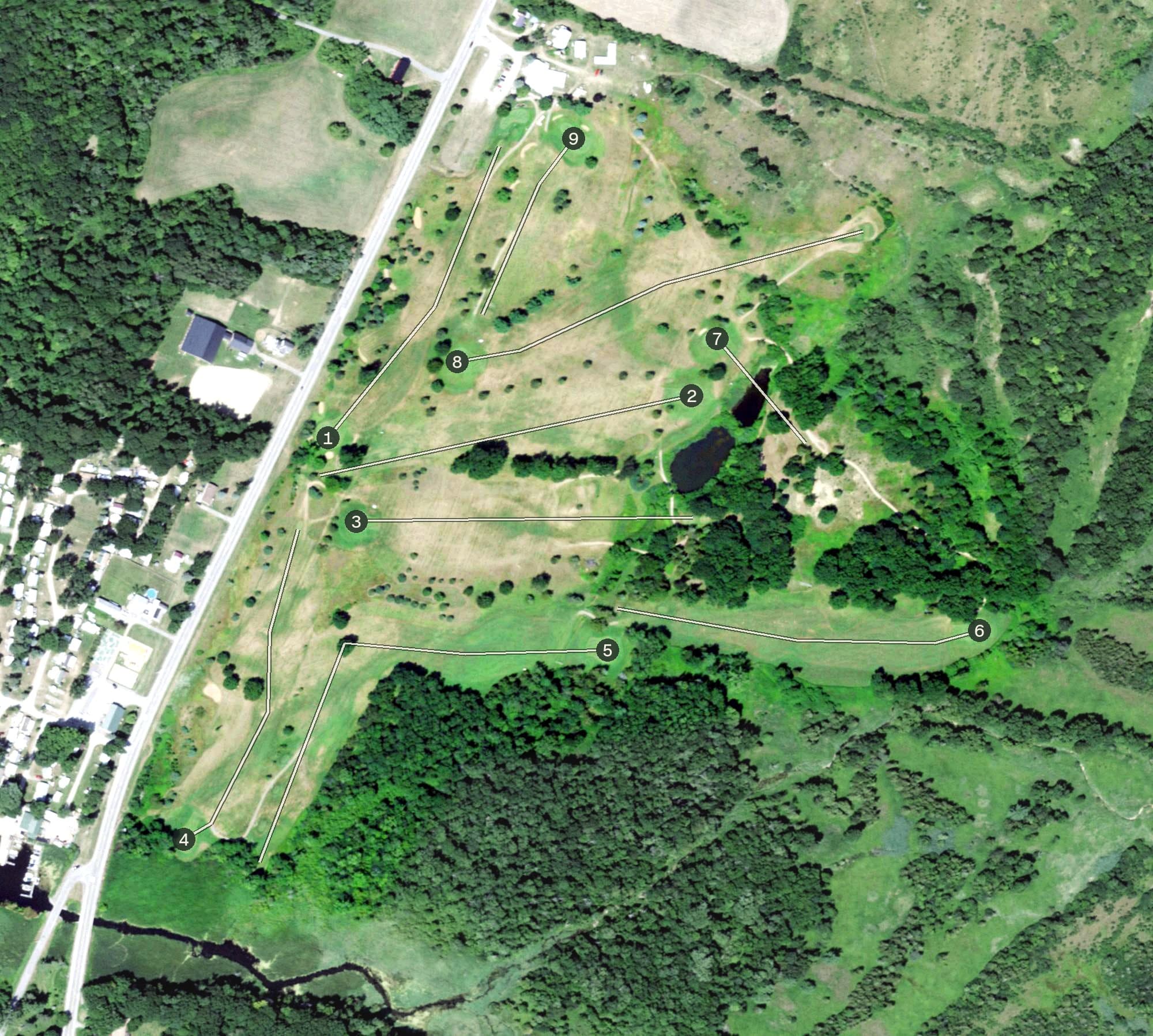 Aerial view of Bedford Creek Golf Course, NY, with its hole routing marked