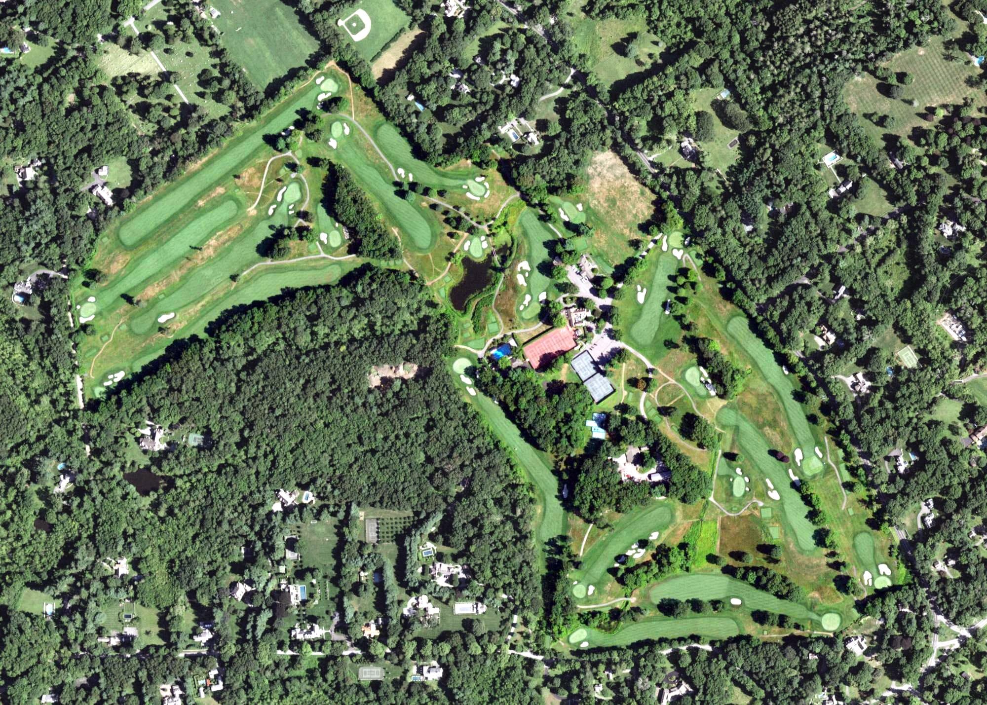 Aerial view of Bedford Golf and Tennis Club, NY, with its hole routing marked