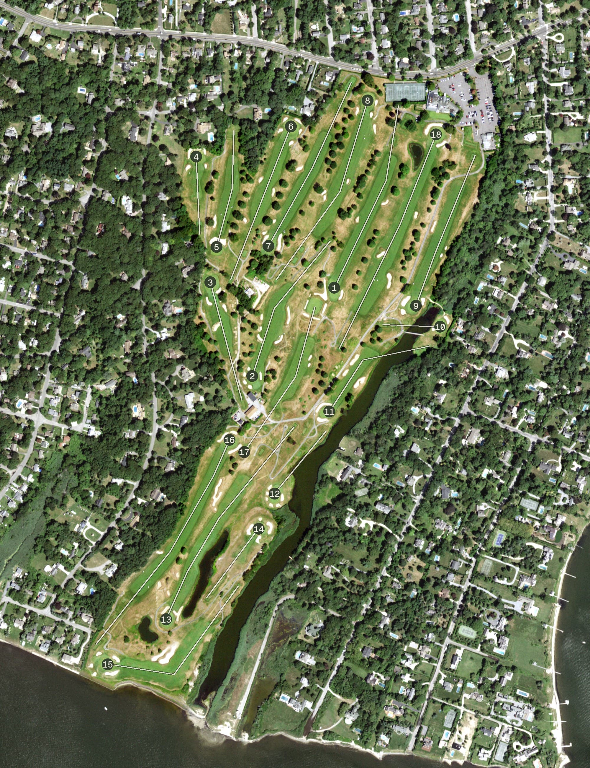 Aerial view of Bellport Country Club, NY, with its hole routing marked