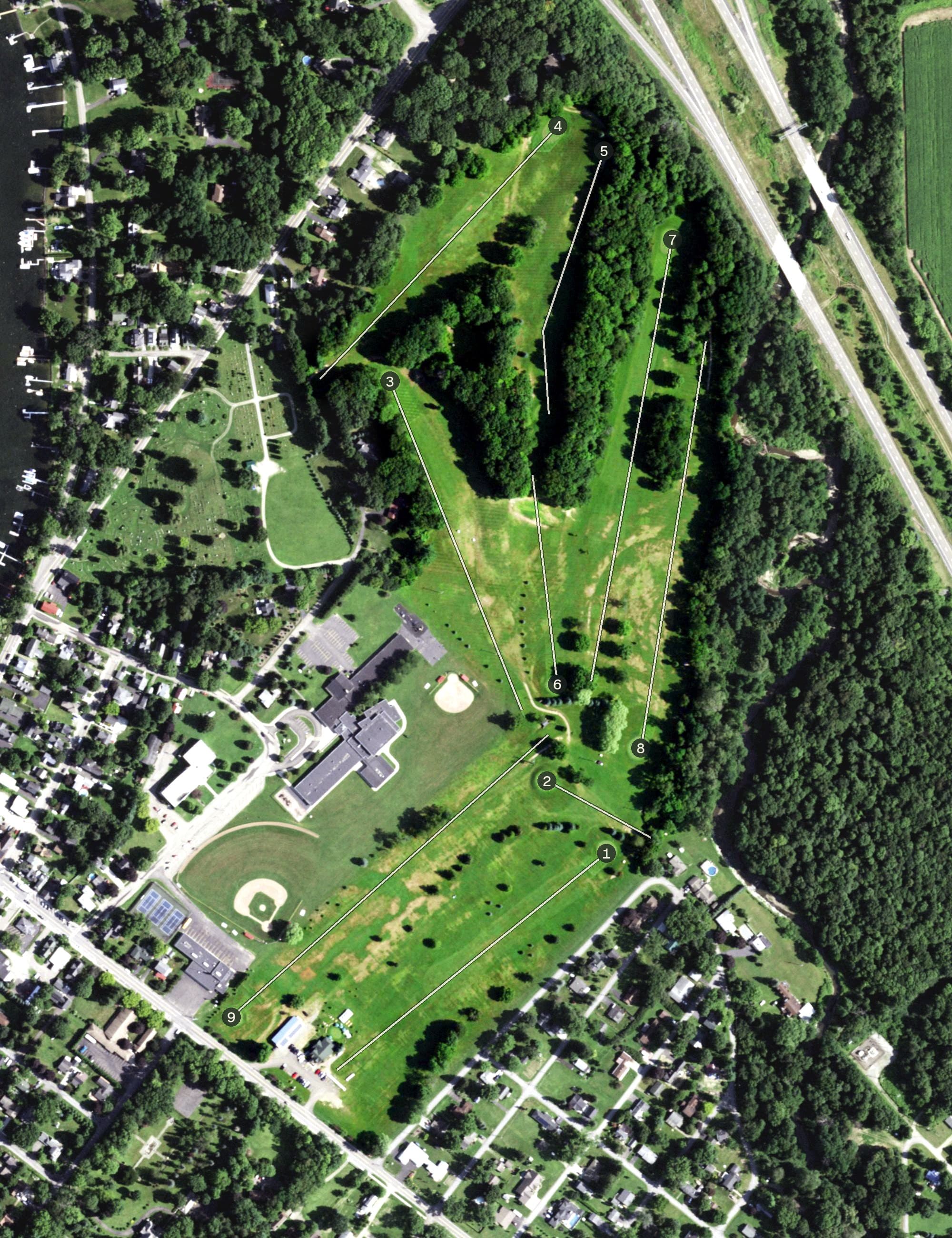 Aerial view of Bemus Point Golf Club, NY, with its hole routing marked