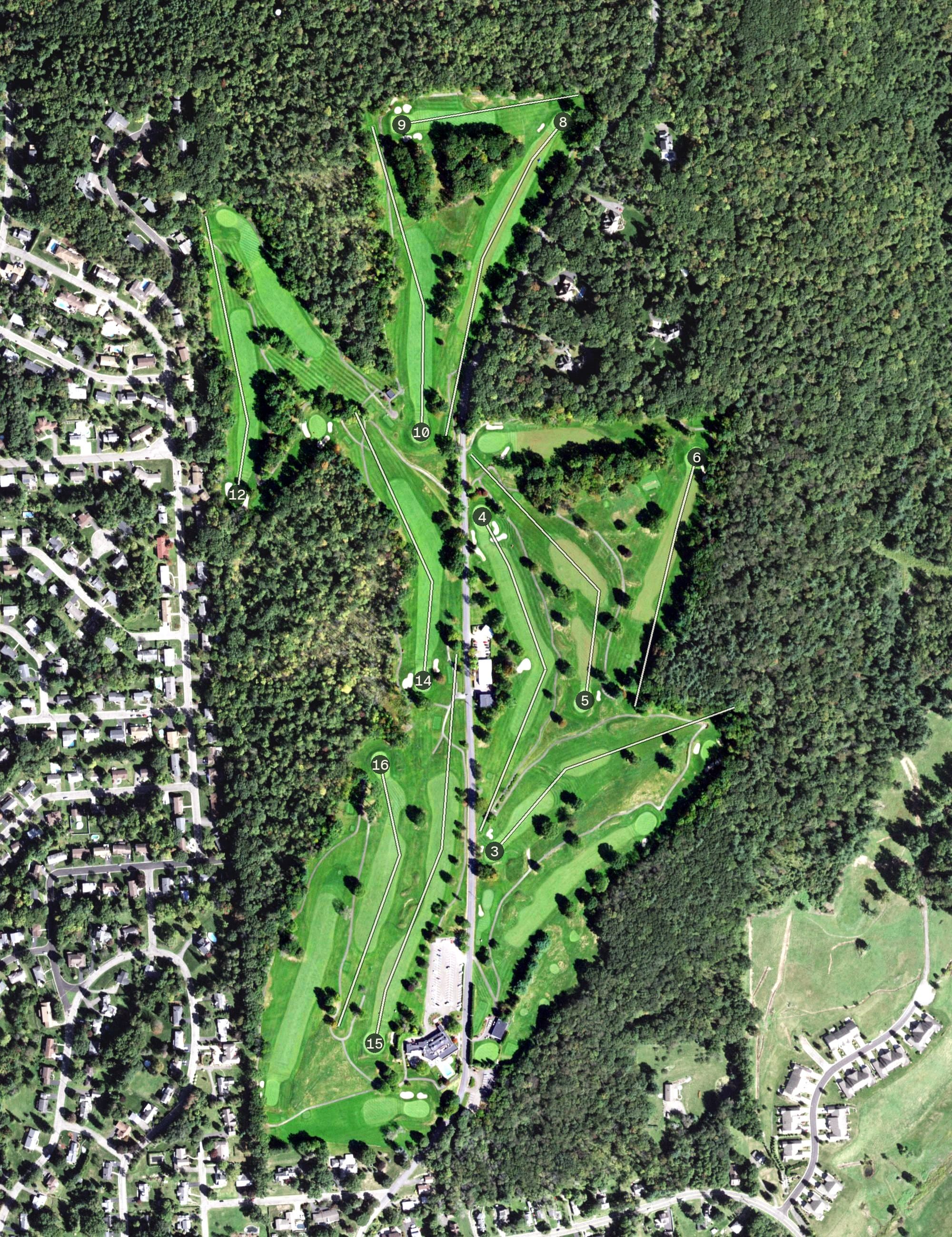 Aerial view of Binghamton Country Club, NY, with its hole routing marked
