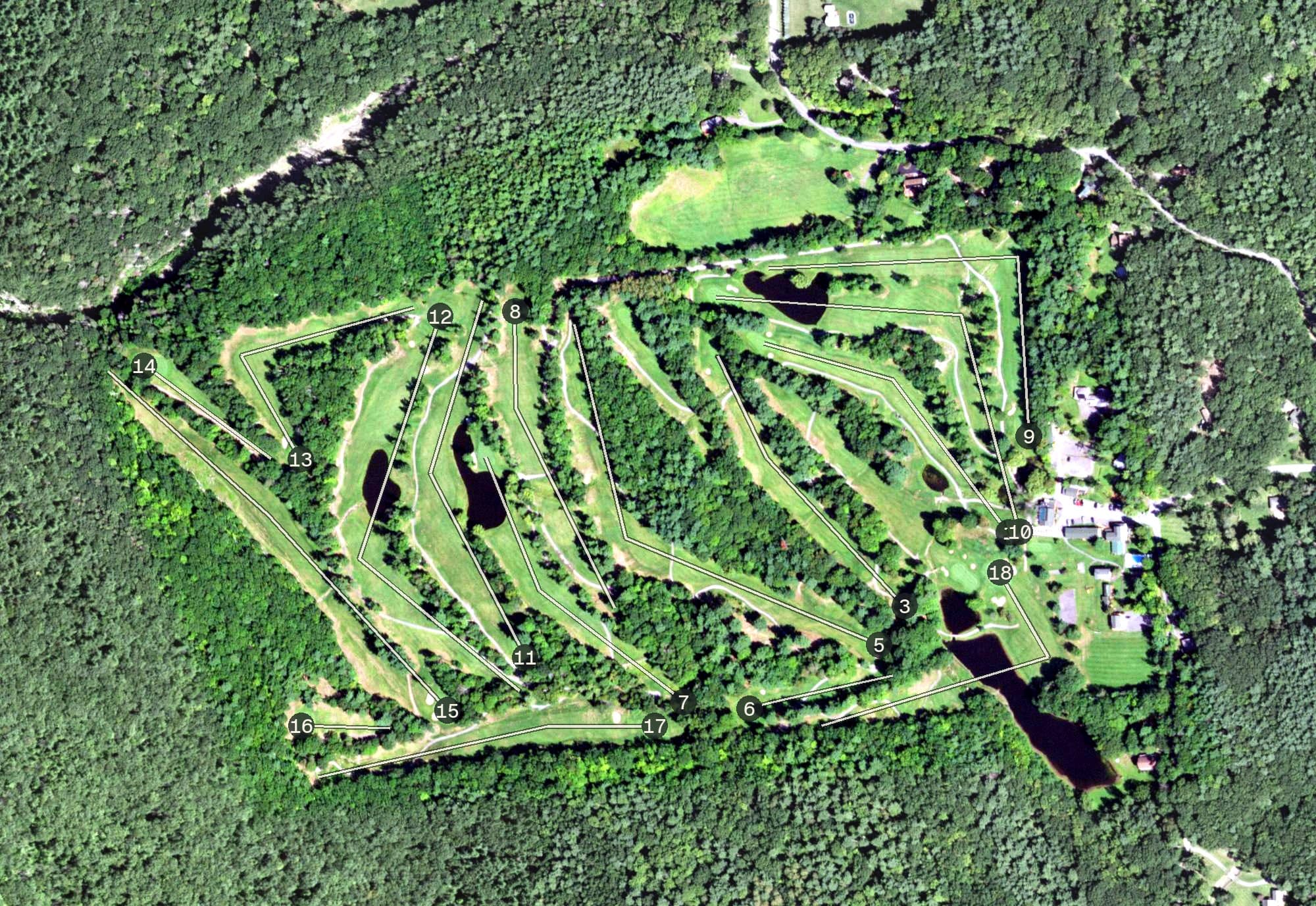 Aerial view of Blackhead Lodge and Country Club, NY, with its hole routing marked