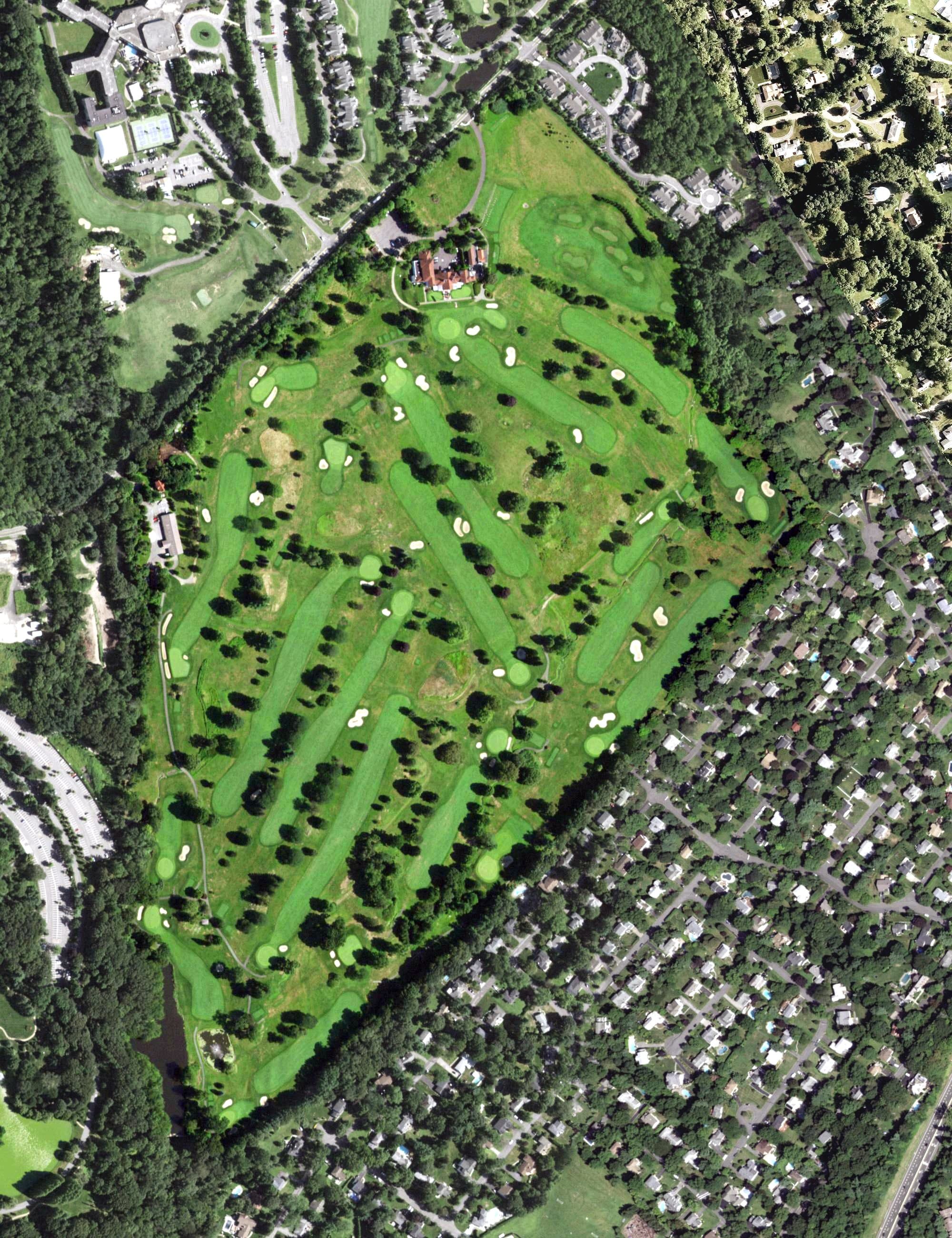 Aerial view of Blind Brook Club, NY, with its hole routing marked