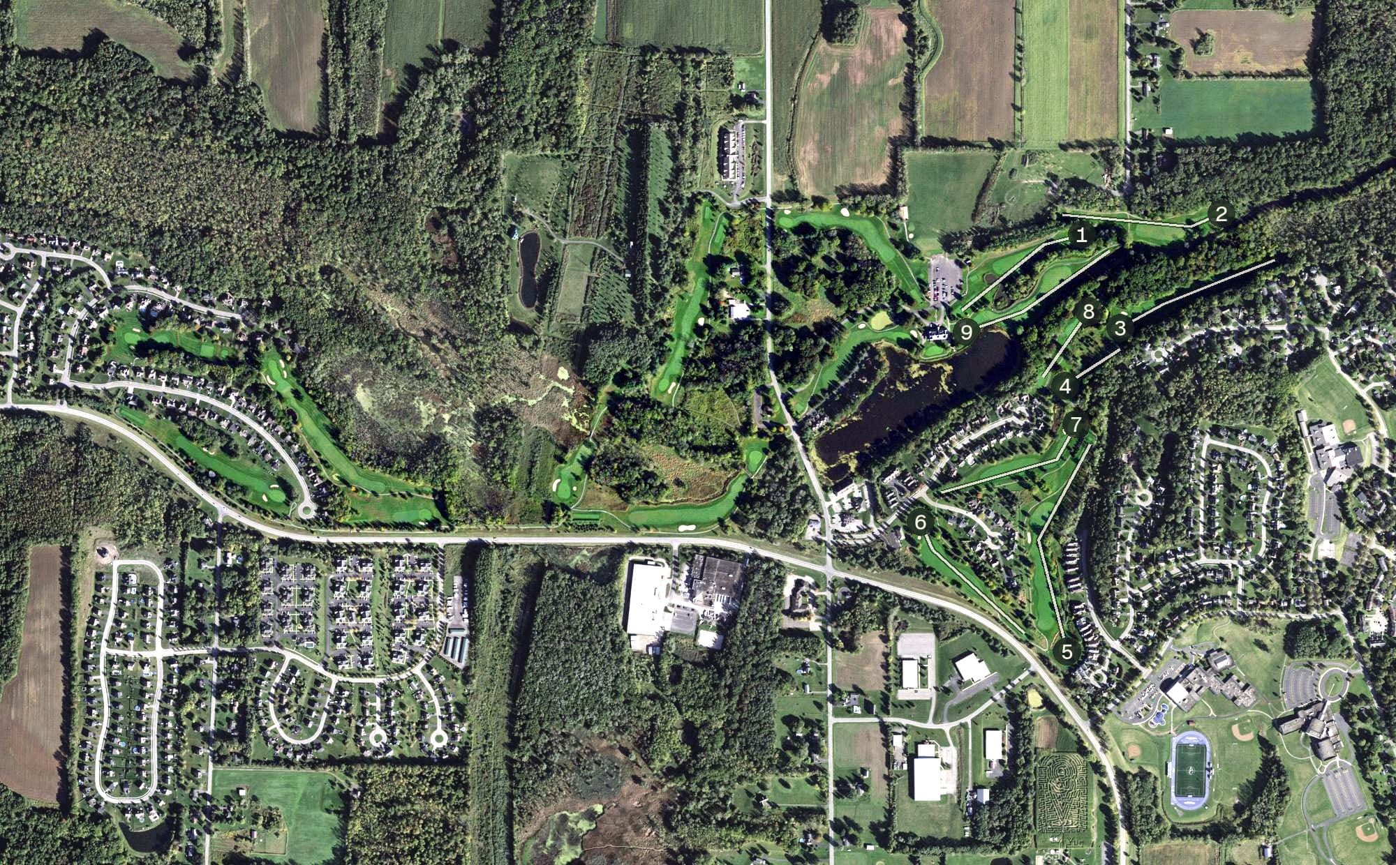 Aerial view of Blue Heron Hills, NY, with its hole routing marked