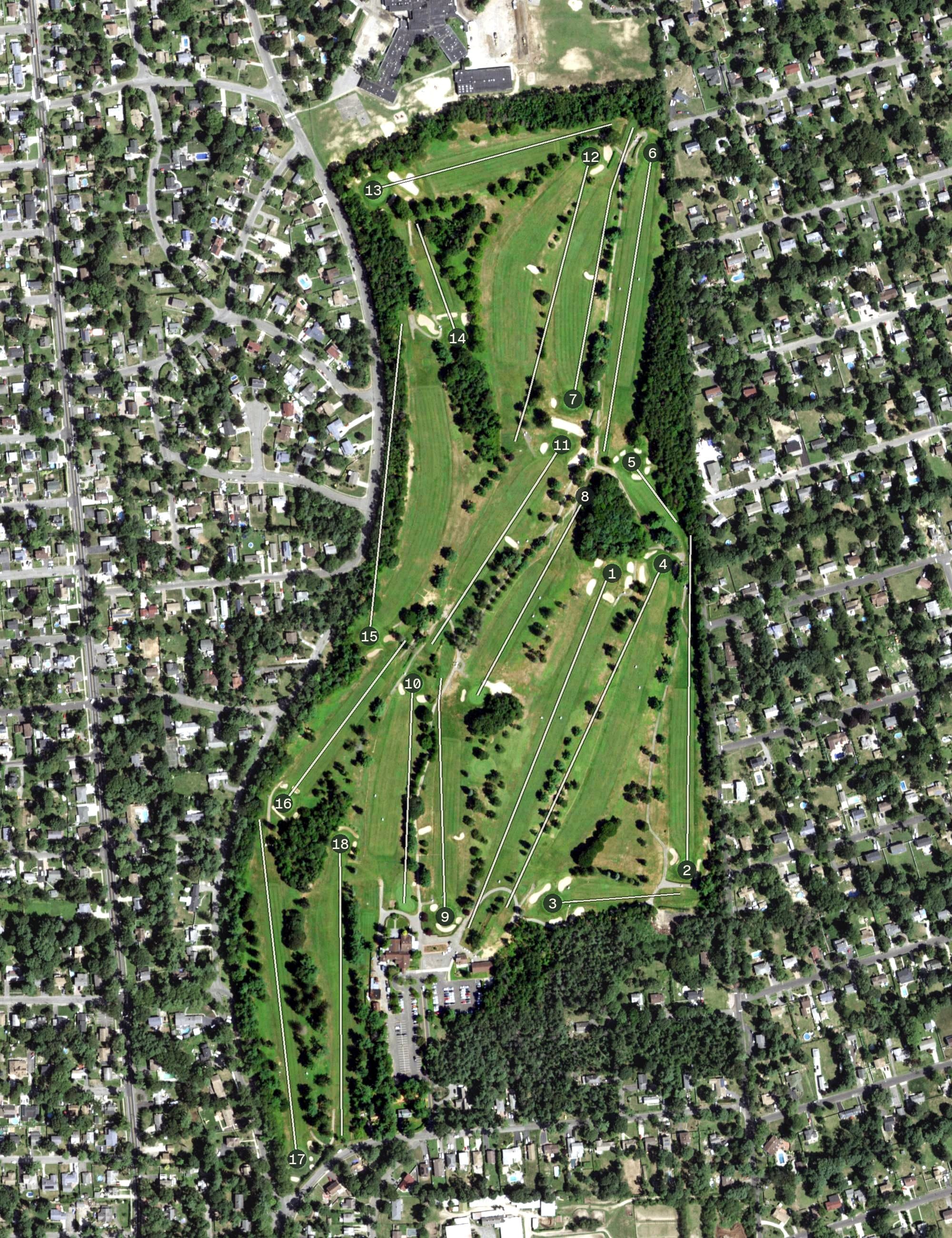 Aerial view of Brentwood Country Club, NY, with its hole routing marked