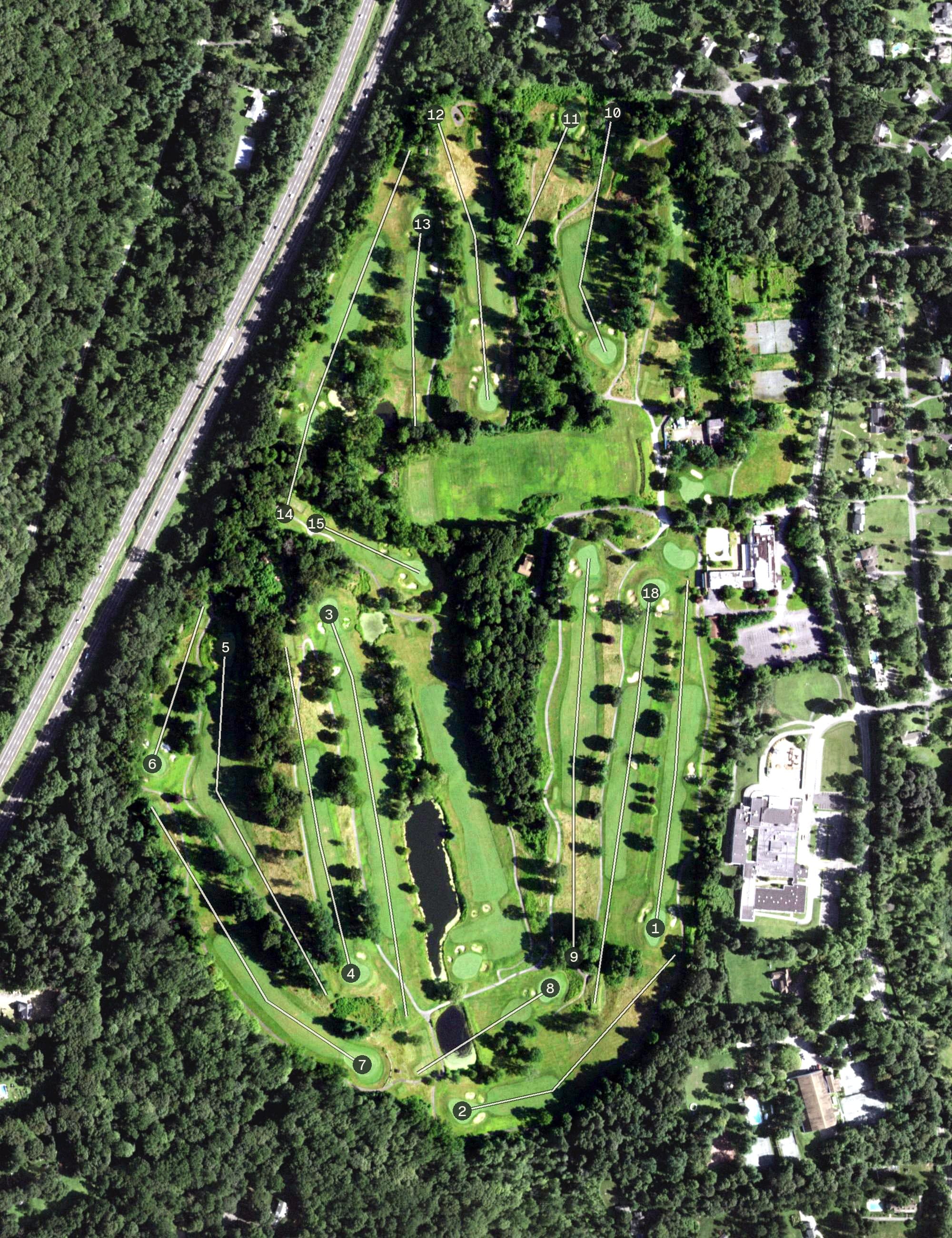 Aerial view of Brynwood Golf & Country Club, NY, with its hole routing marked