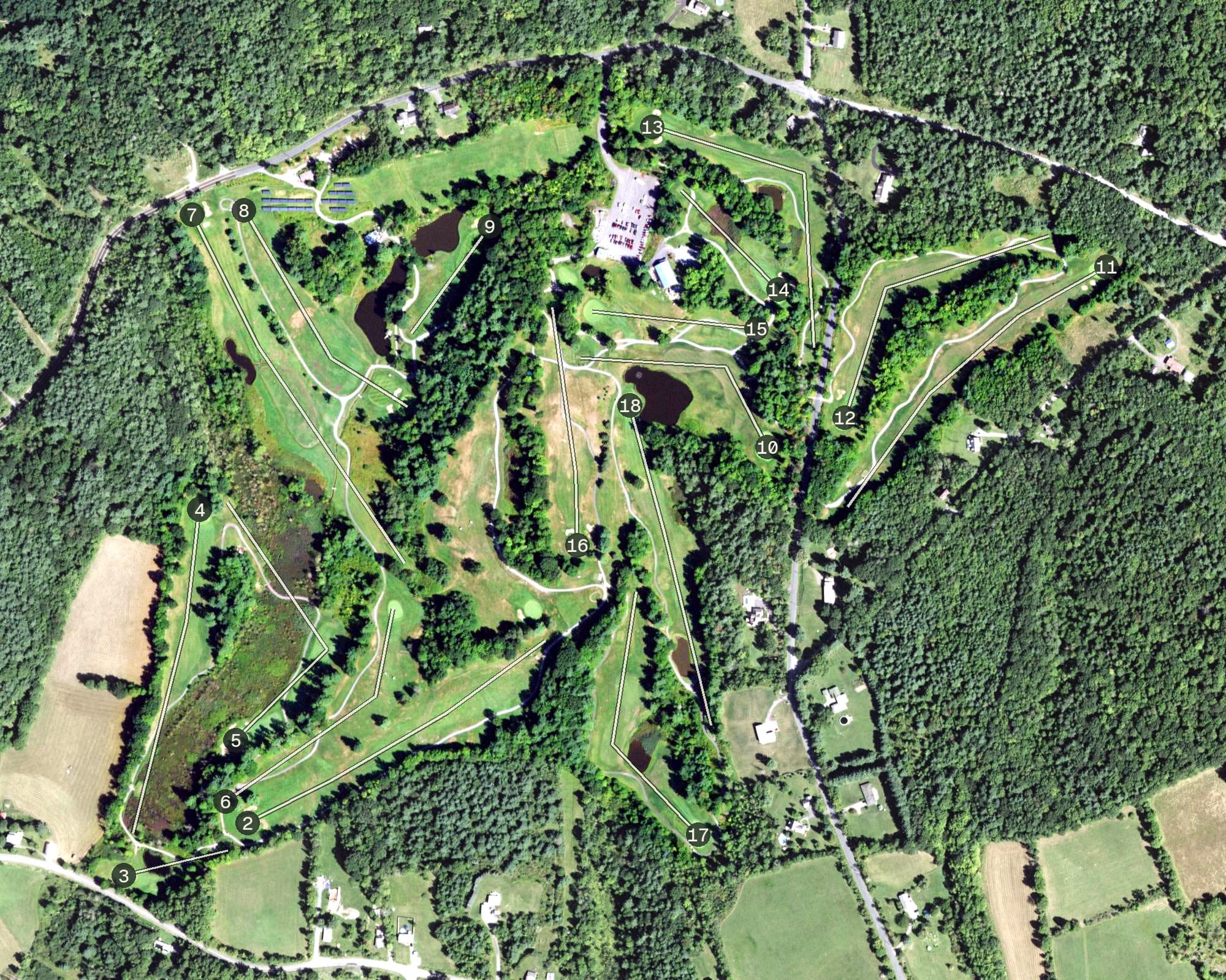 Aerial view of Burden Lake Country Club, NY, with its hole routing marked