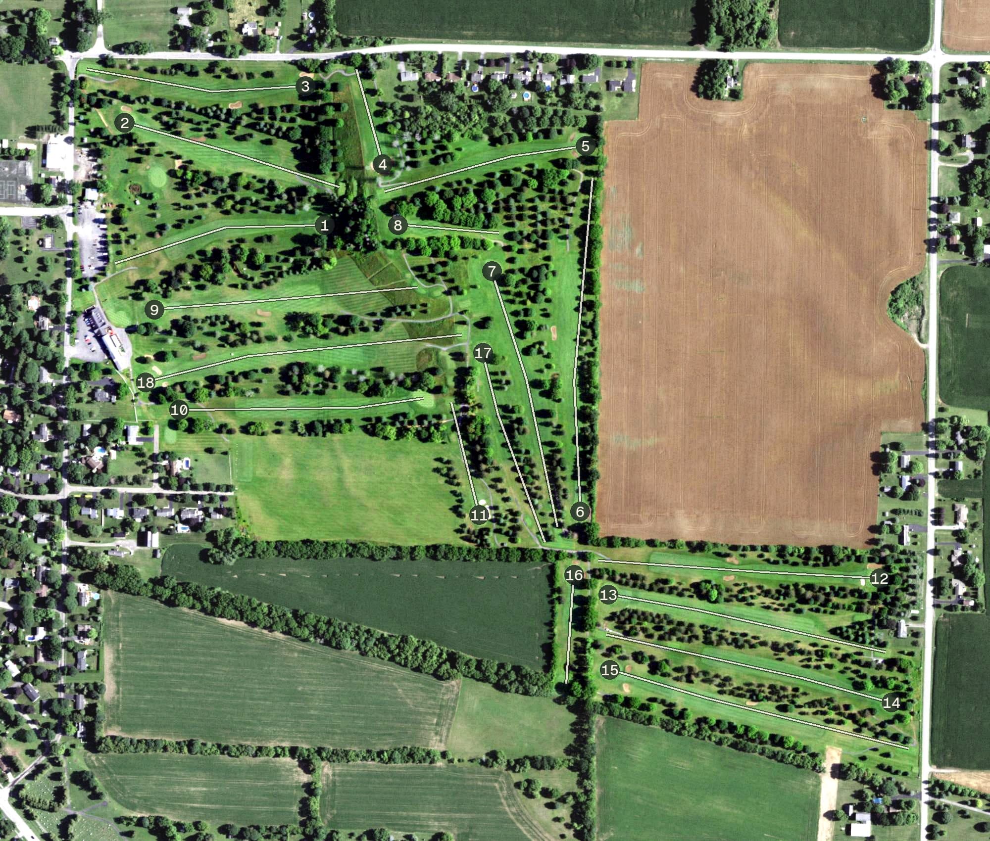 Aerial view of Caledonia Country Club, NY, with its hole routing marked