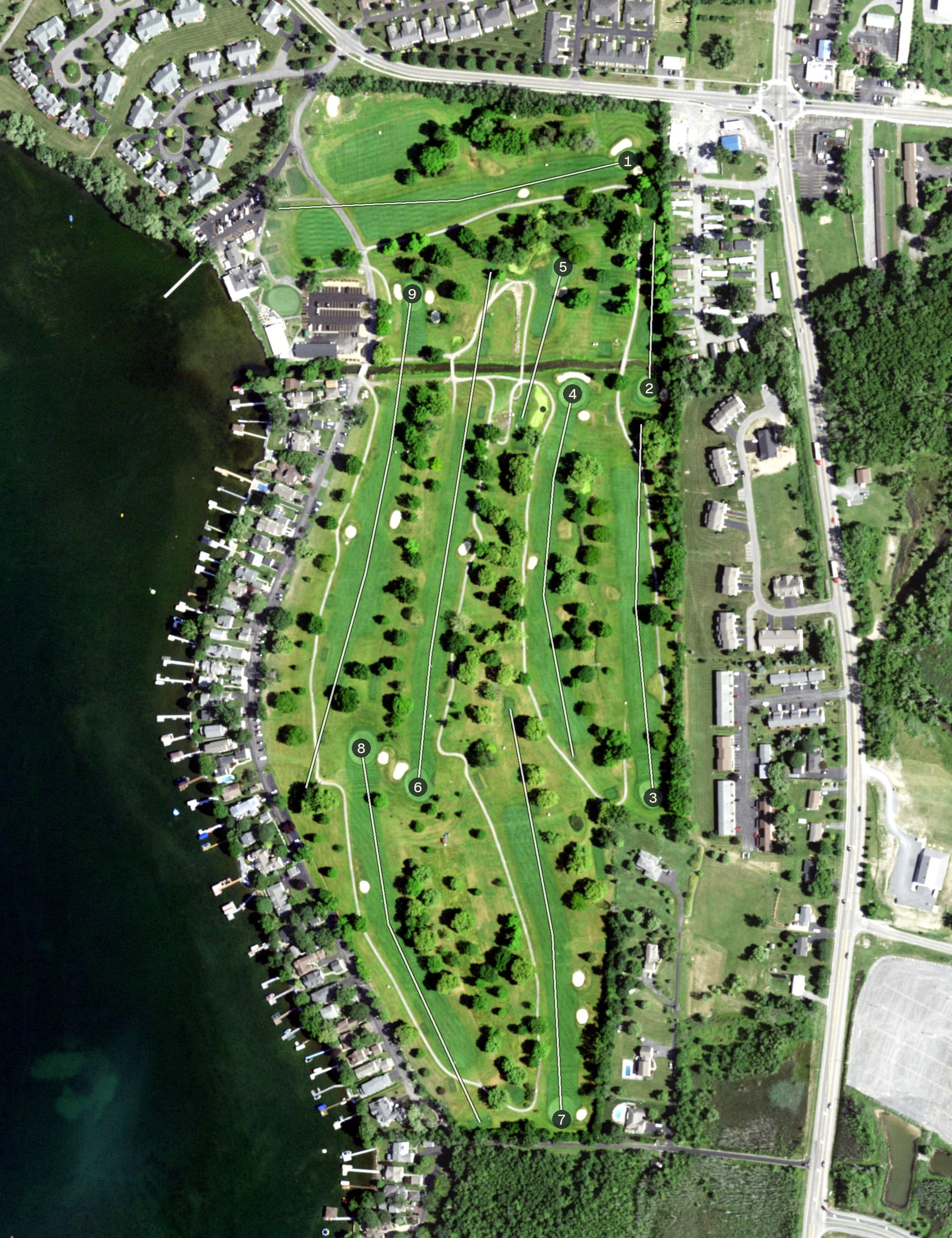Aerial view of Canandaigua Country Club, NY, with its hole routing marked