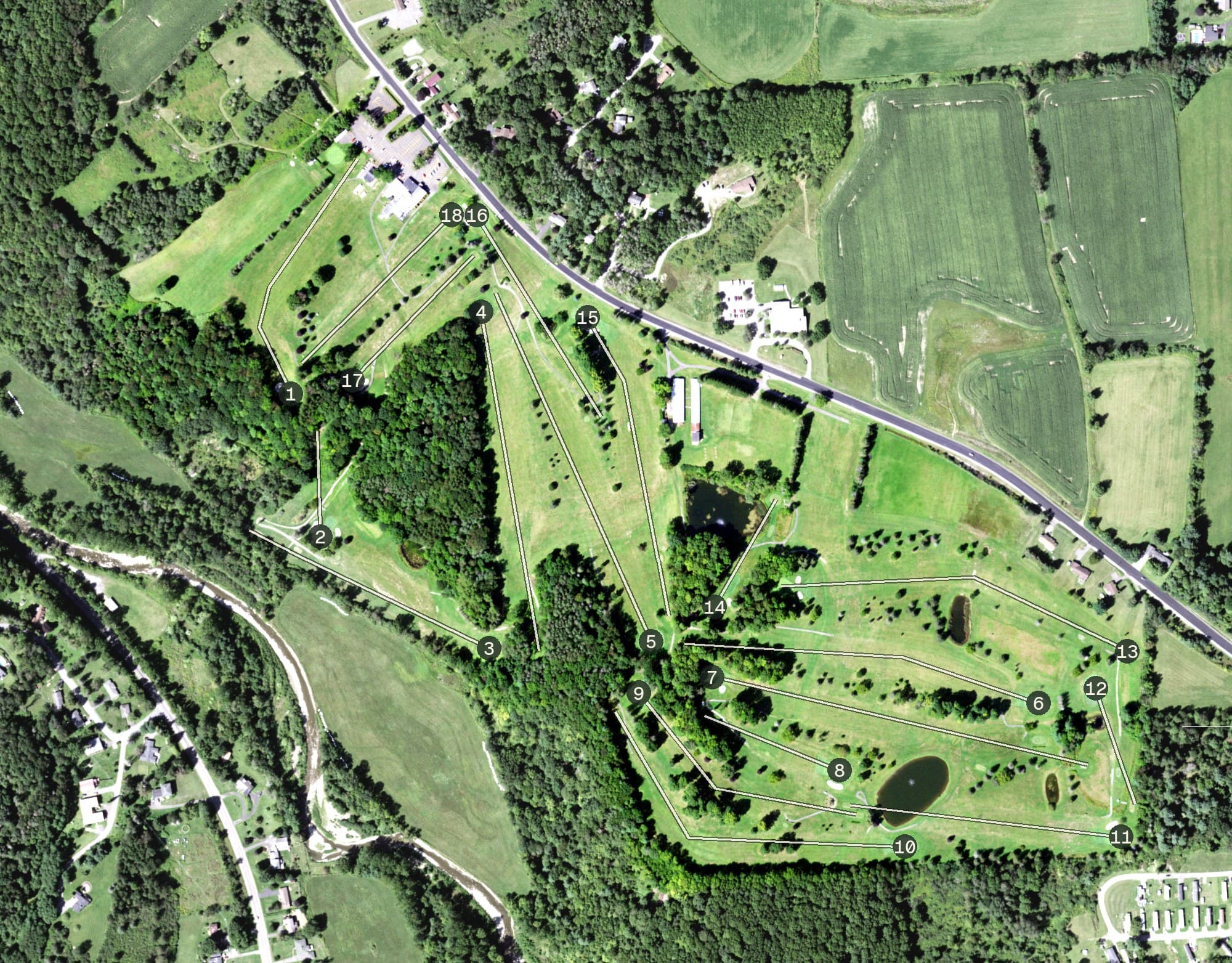 Aerial view of Canasawacta Country Club, NY, with its hole routing marked