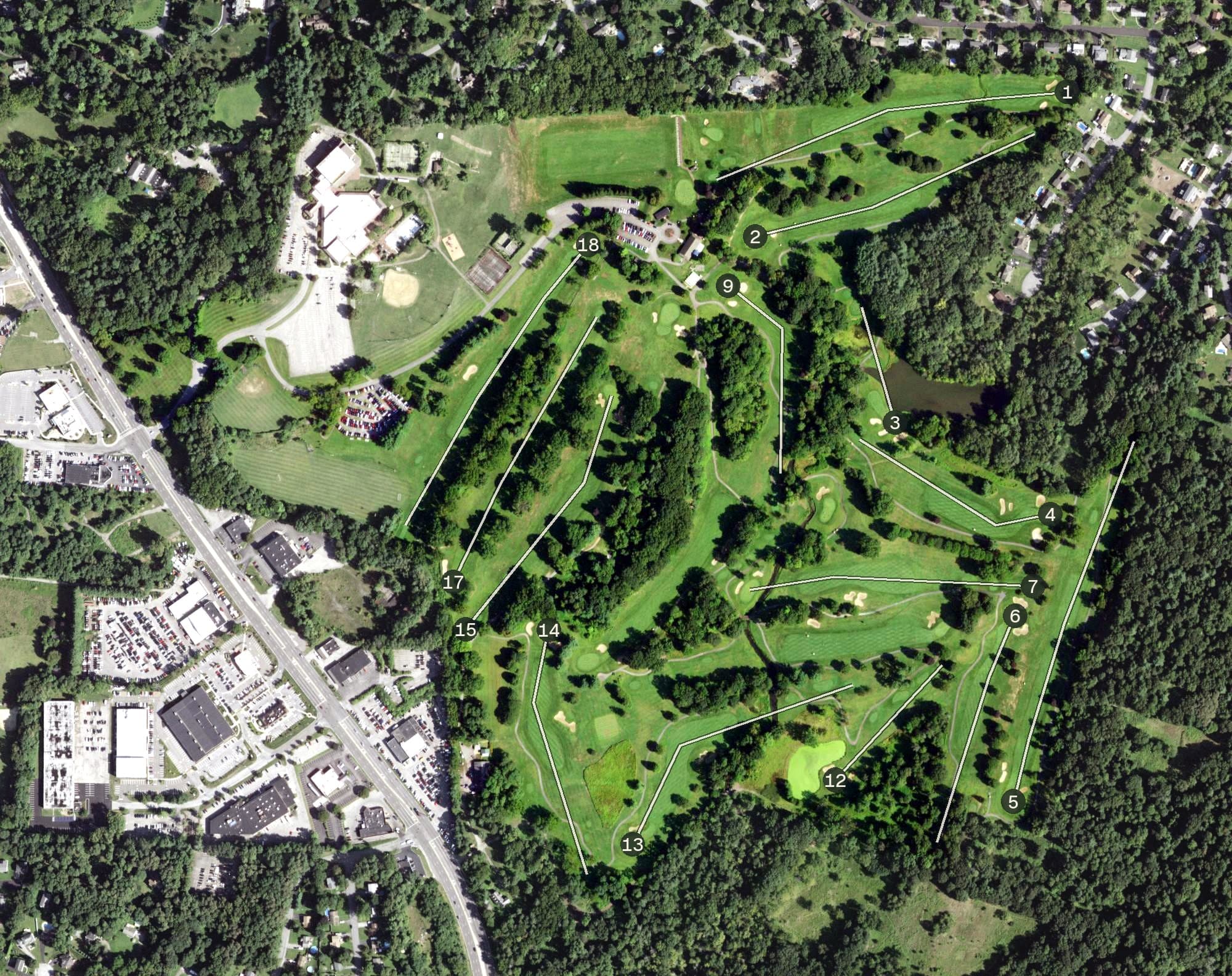 Aerial view of Casperkill Golf Club, NY, with its hole routing marked