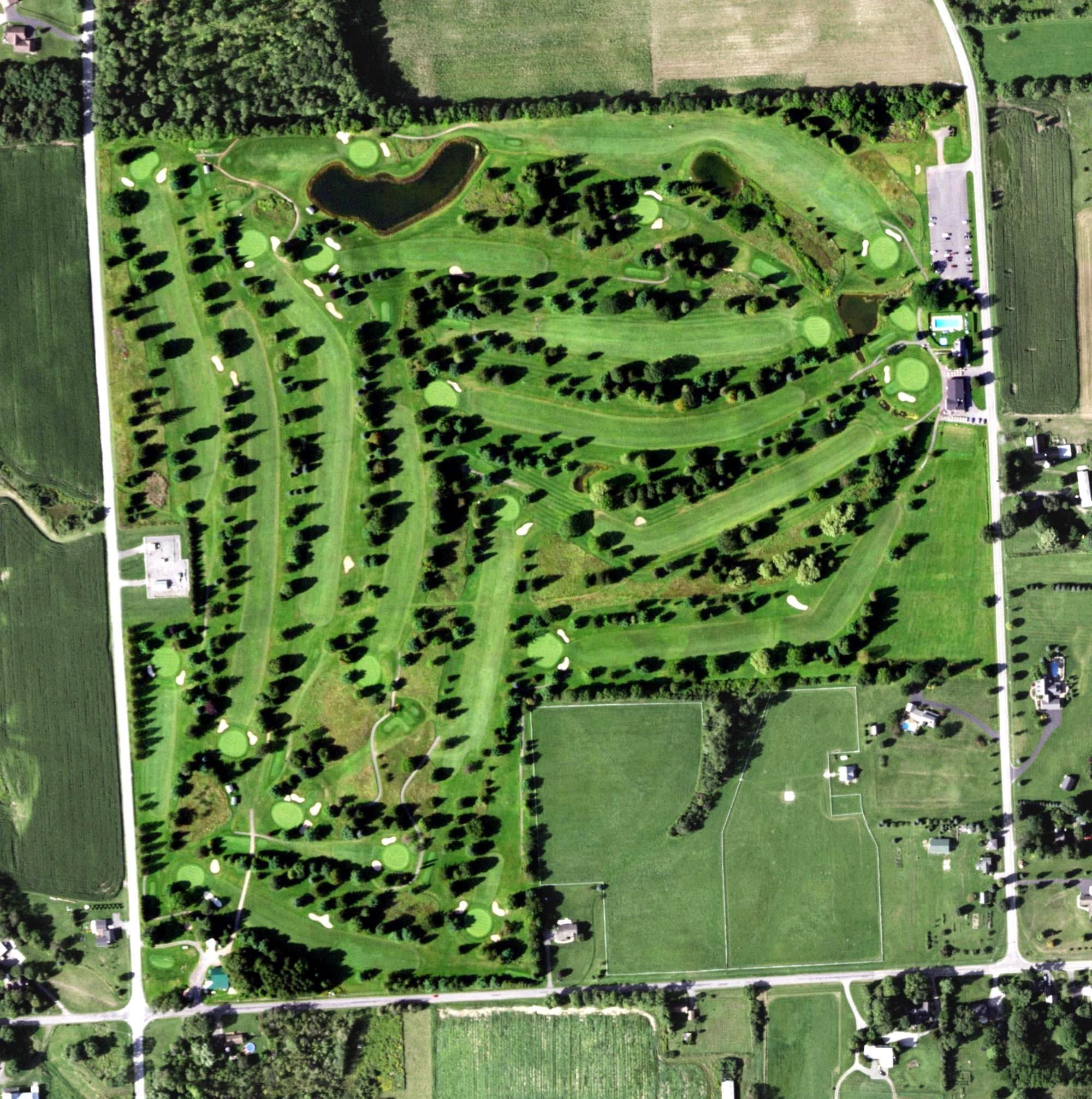 Aerial view of Cazenovia Country Club, NY, with its hole routing marked