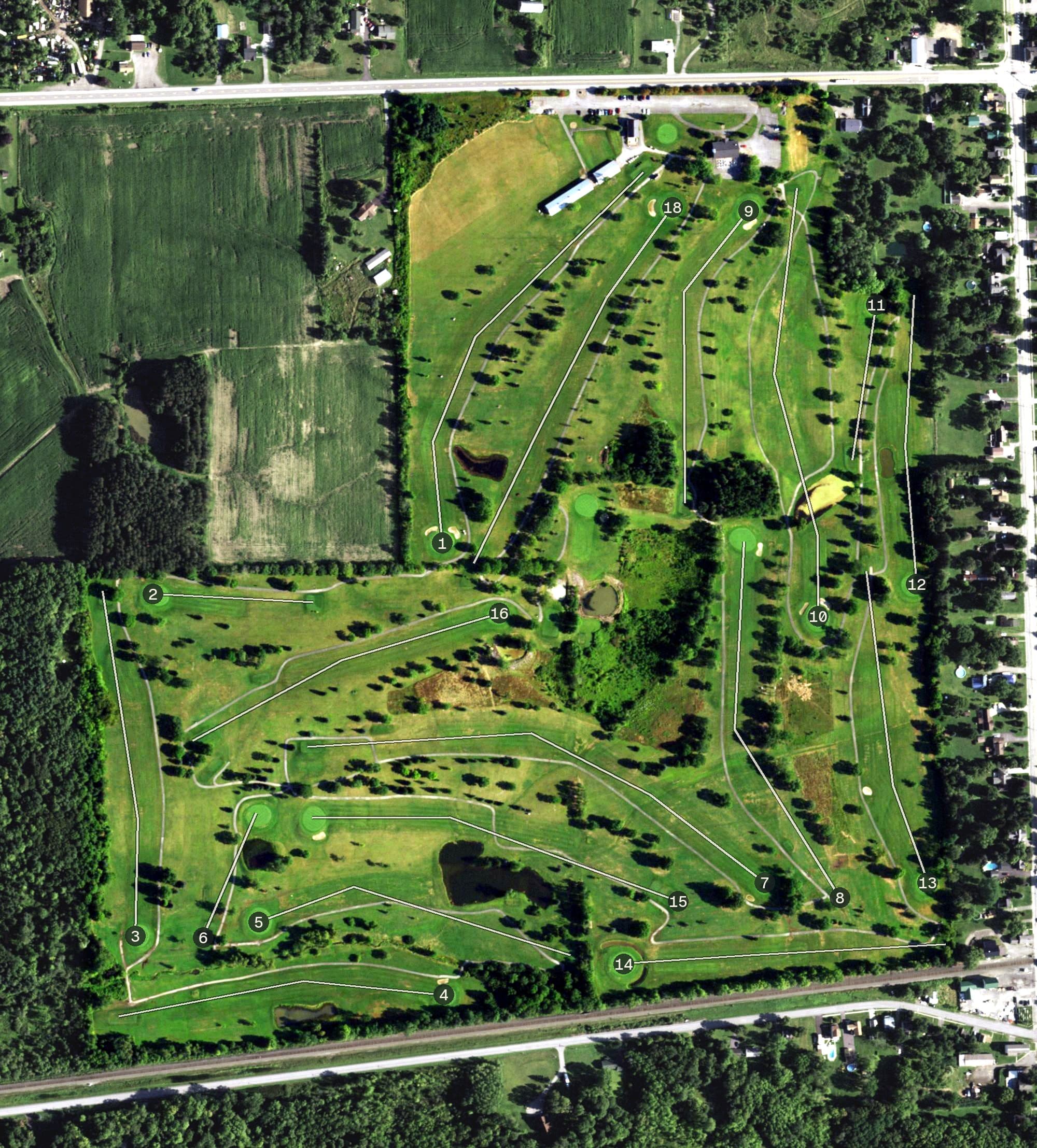 Aerial view of Chestnut Hill Country Club, NY, with its hole routing marked