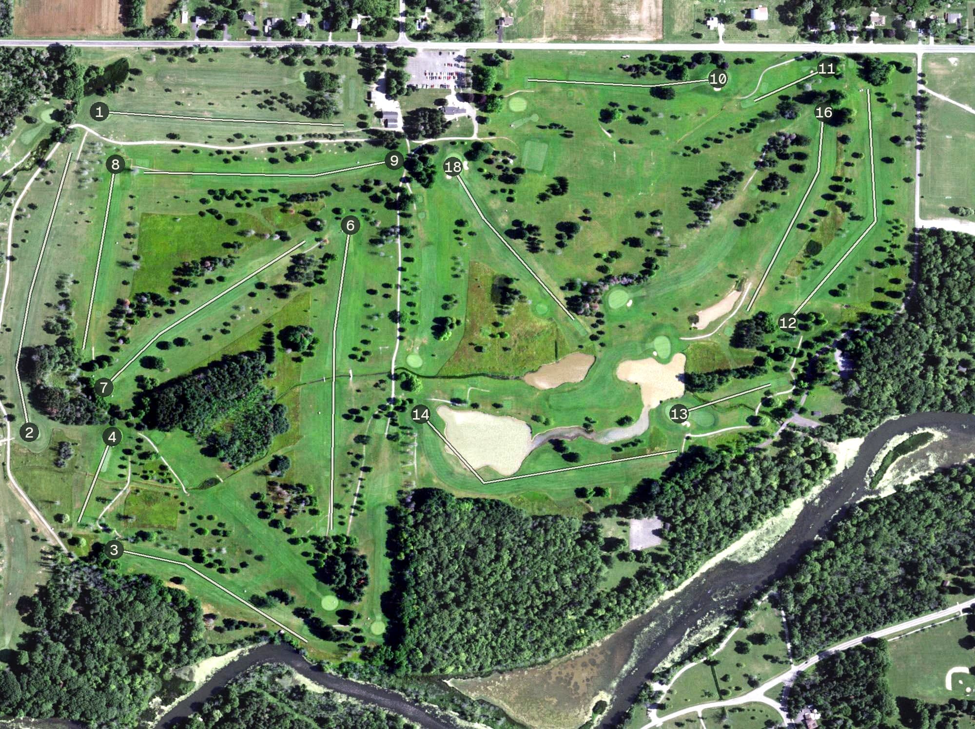 Aerial view of Churchville East Golf Course, NY, with its hole routing marked