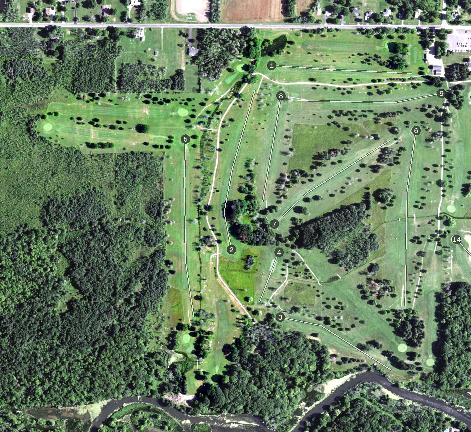 Aerial view of Churchville West Golf Course, NY, with its hole routing marked