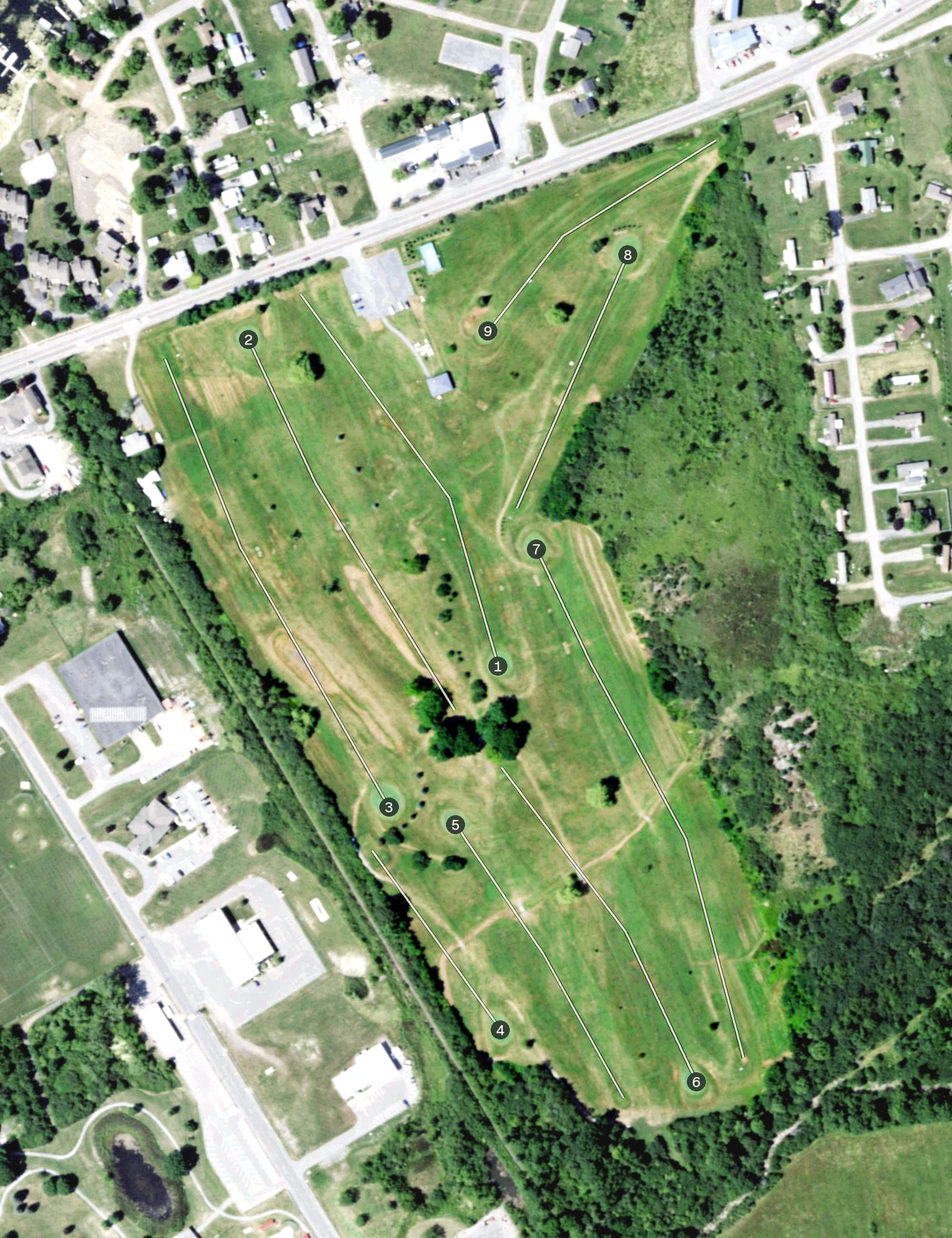 Aerial view of Clayton Country Club, NY, with its hole routing marked