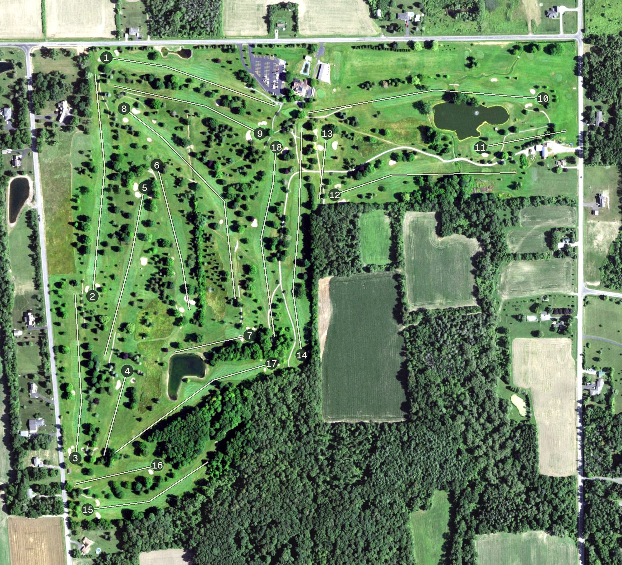 Aerial view of Clifton Springs Country Club, NY, with its hole routing marked