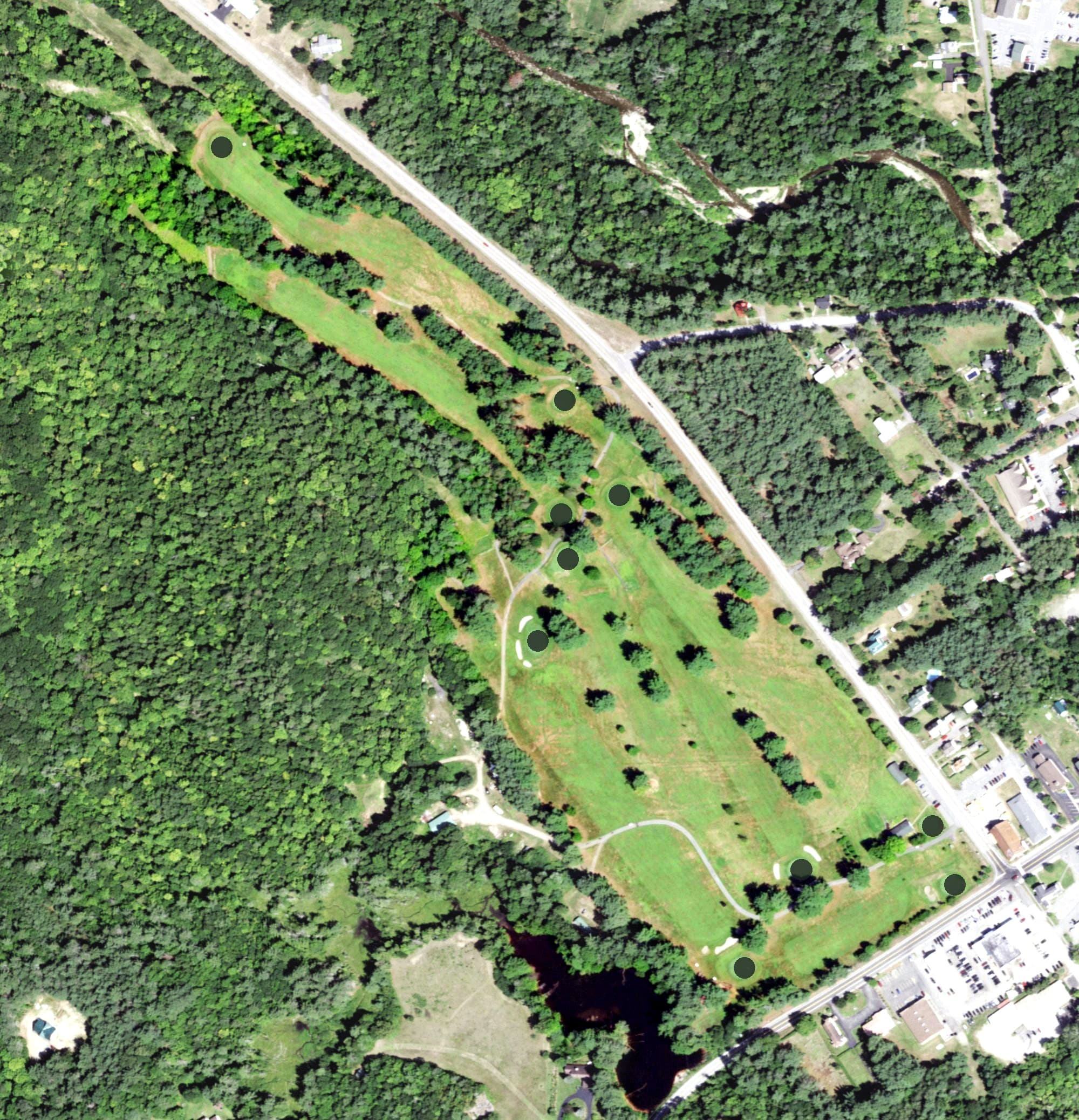 Aerial view of Cobble Hill Golf Course, NY, with its hole routing marked