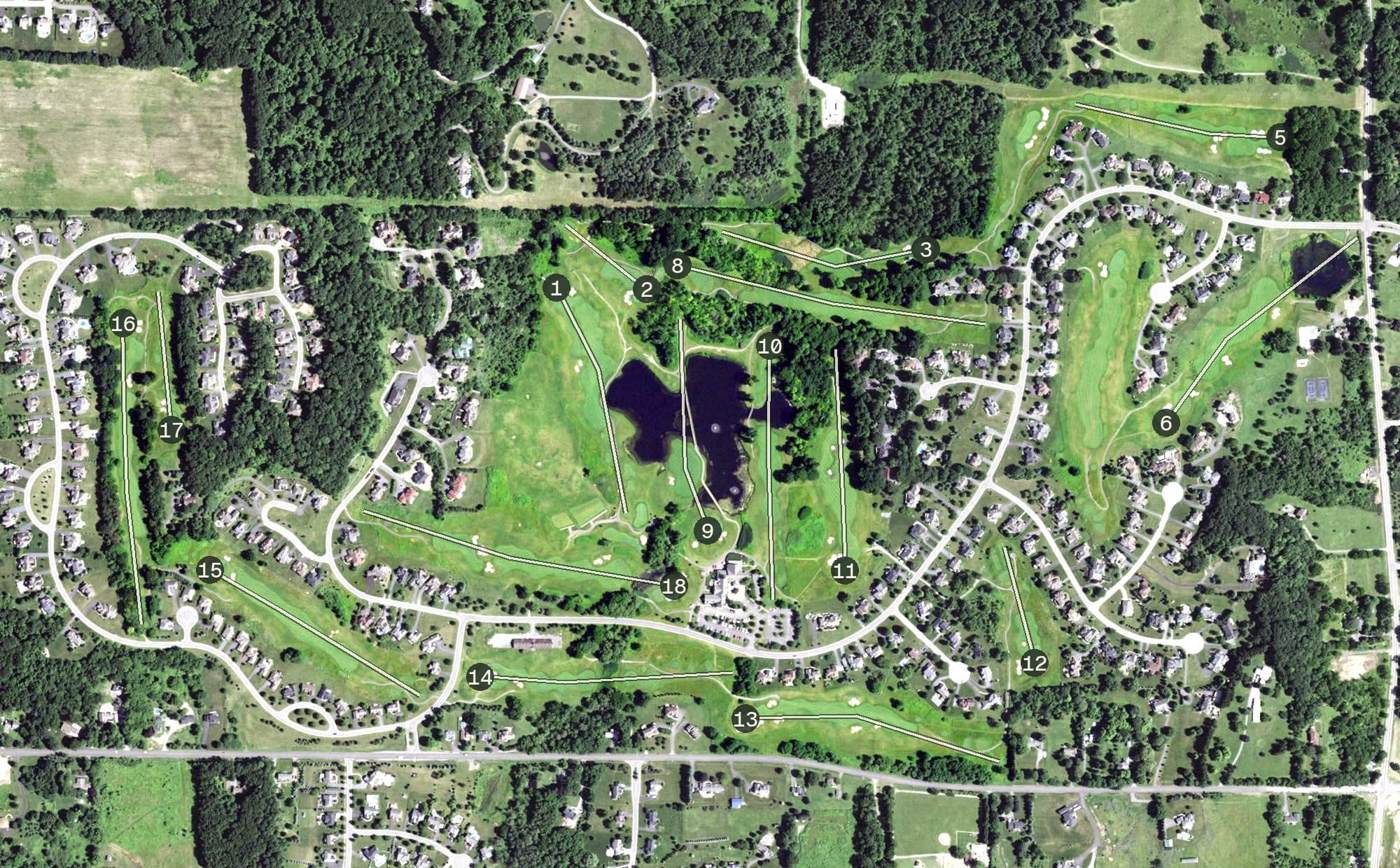 Aerial view of Cobblestone Creek Country Club, NY, with its hole routing marked