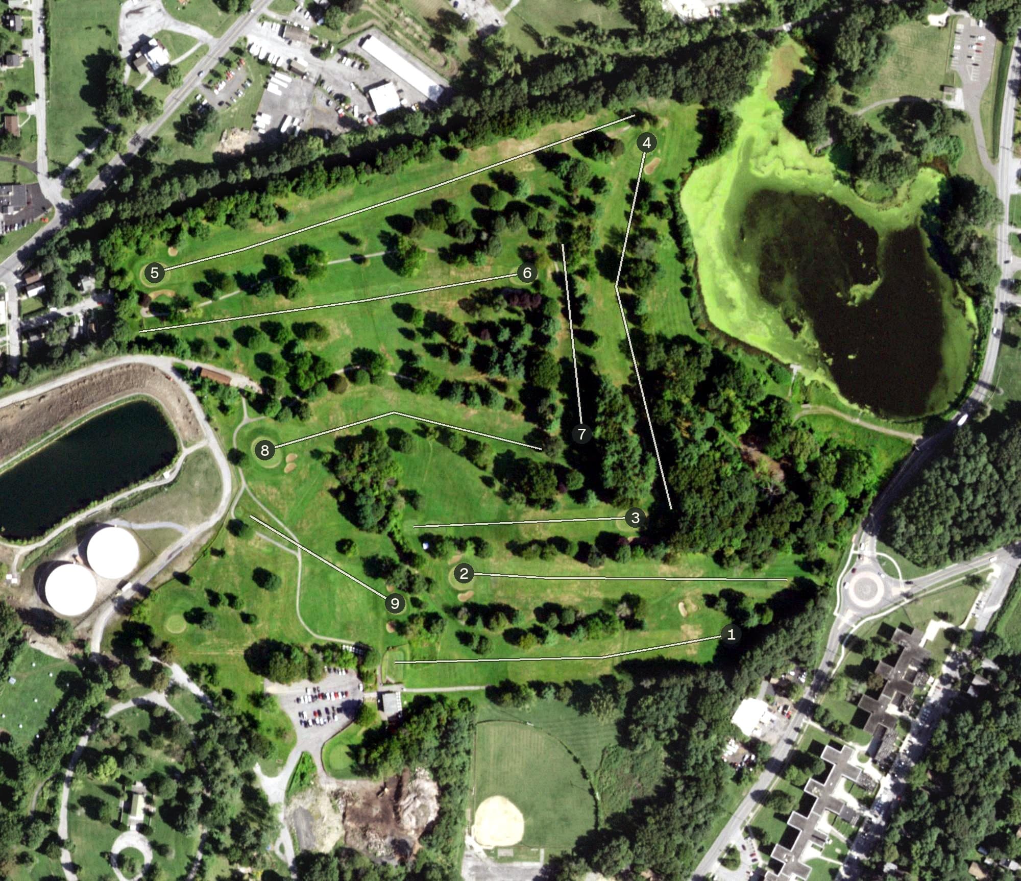 Aerial view of College Hill Golf Course, NY, with its hole routing marked