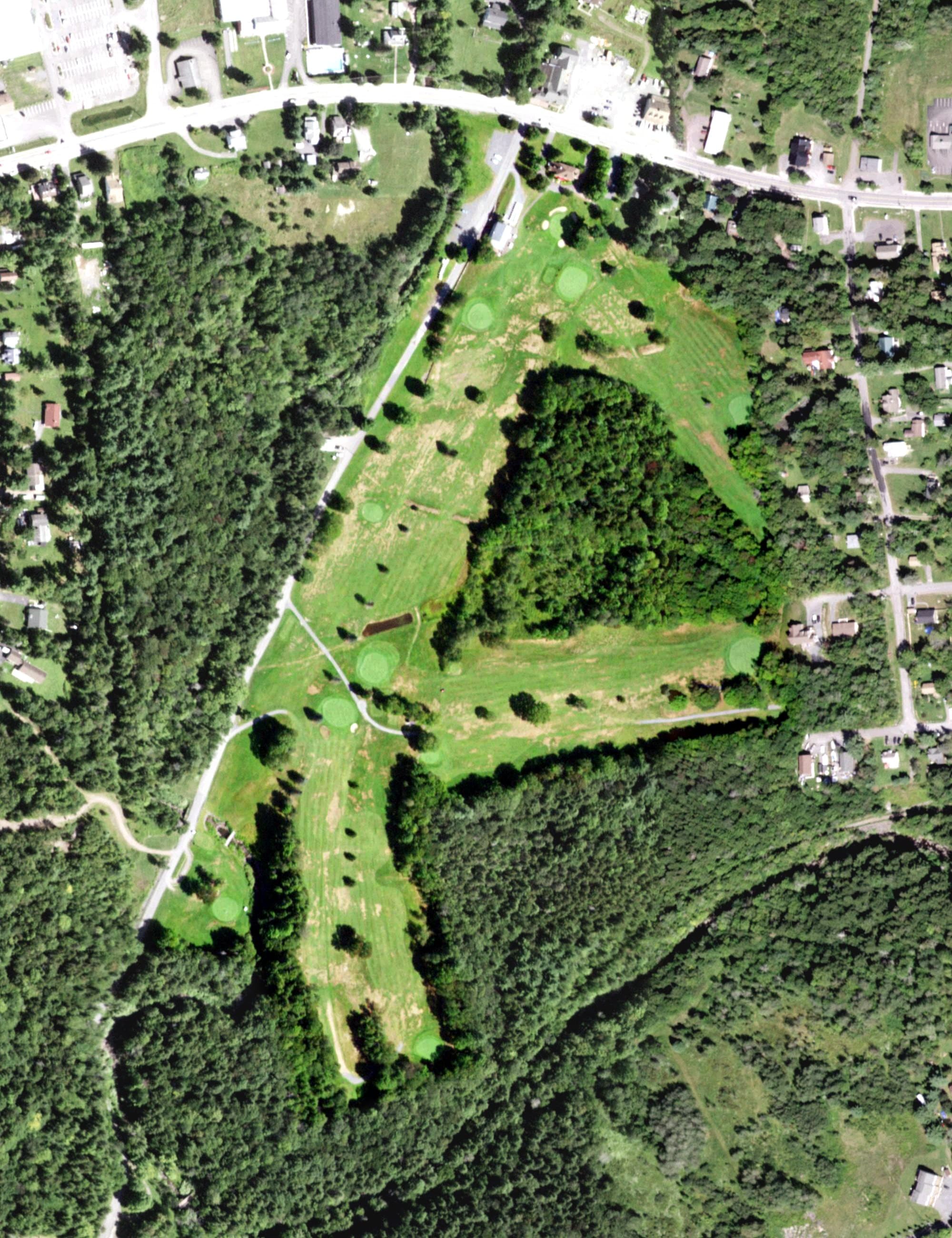 Aerial view of Colonial Country Club, NY, with its hole routing marked