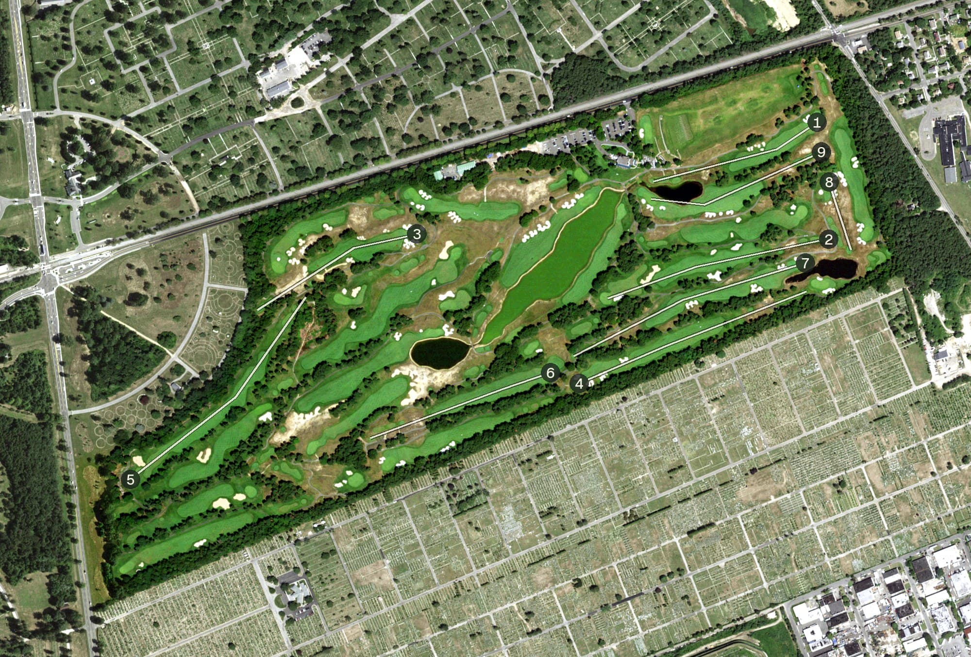 Aerial view of Colonial Springs Golf Club, NY, with its hole routing marked