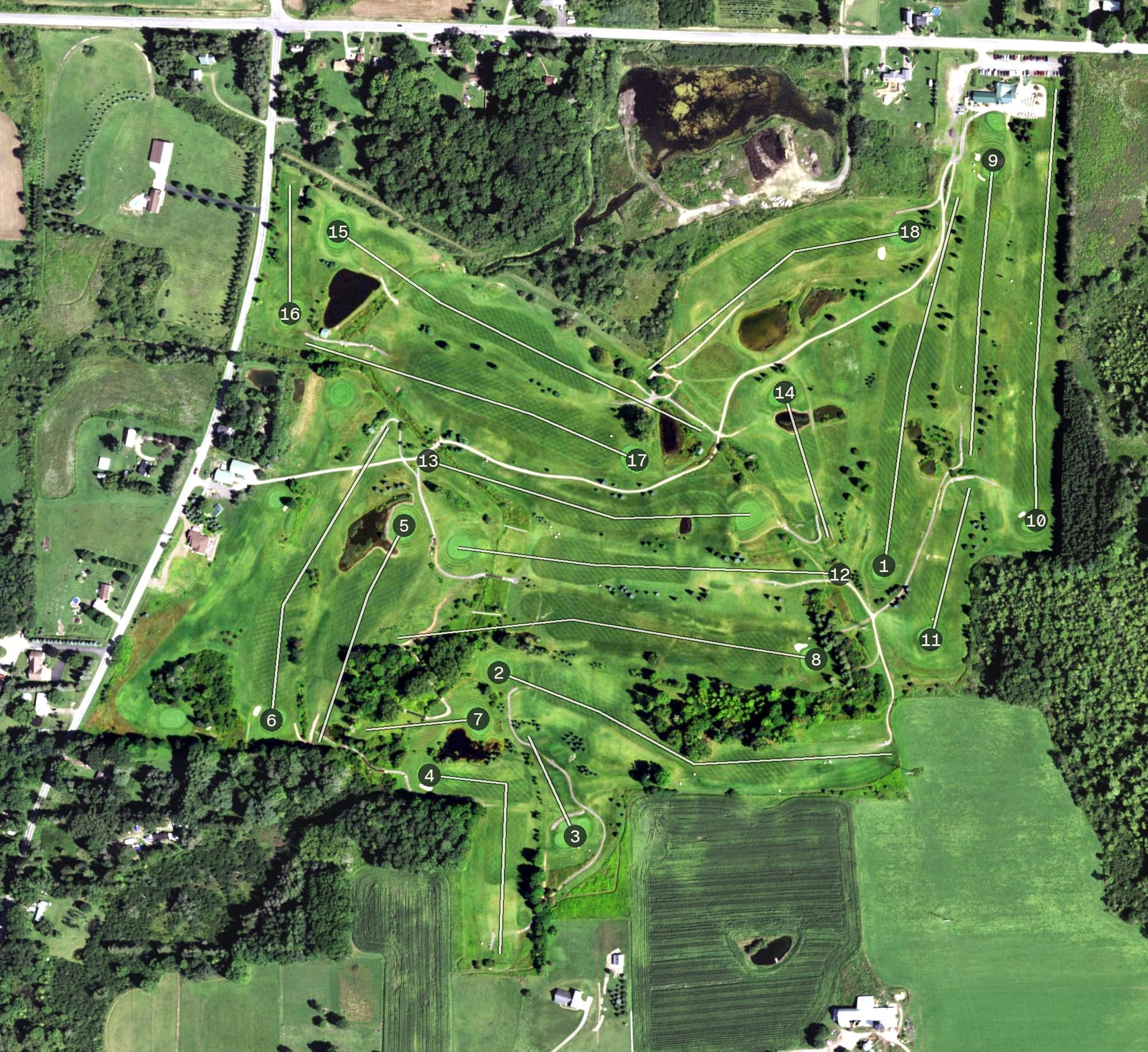 Aerial view of Concord Crest Golf Course, NY, with its hole routing marked