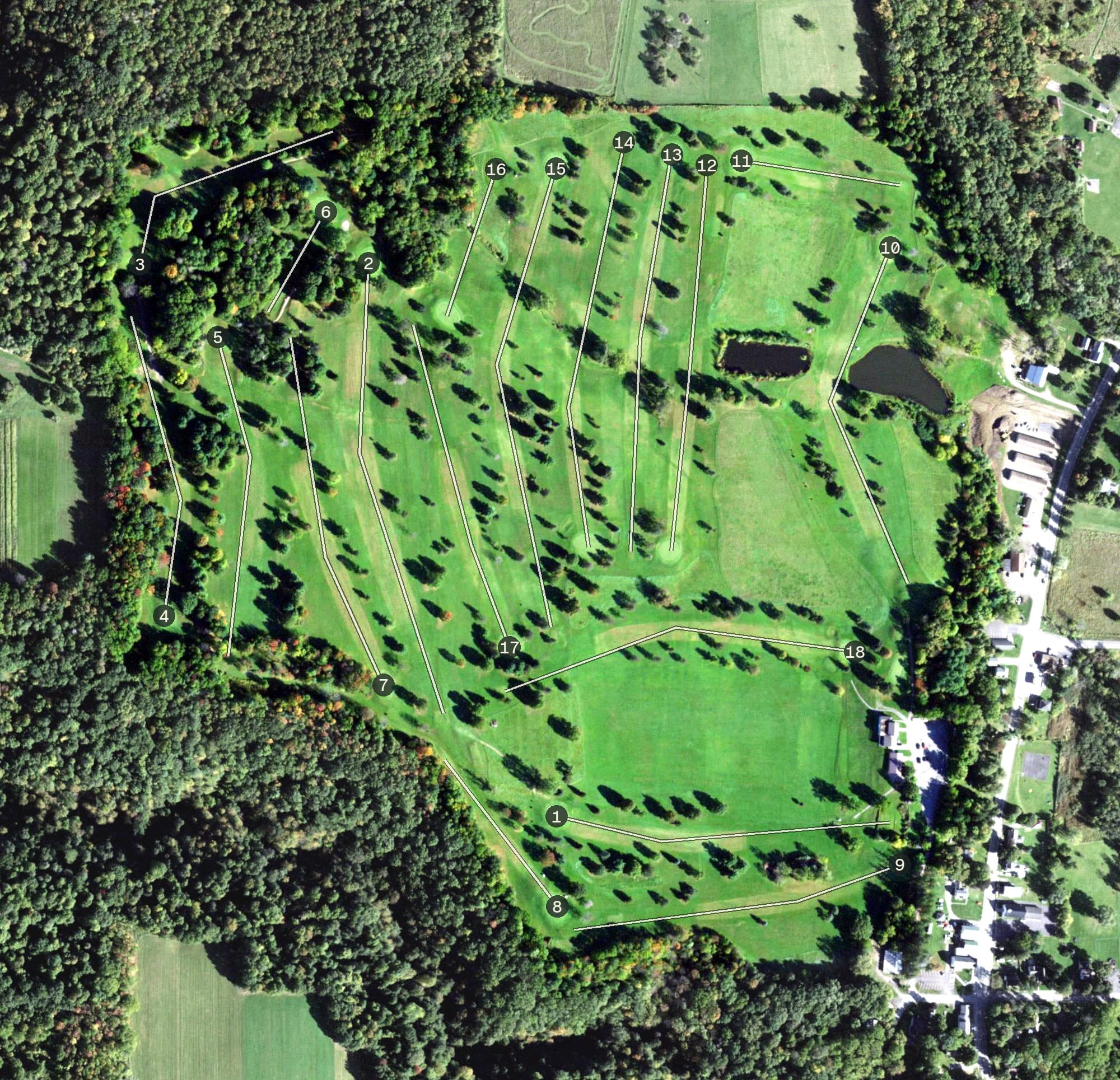 Aerial view of Conesus Golf Club, NY, with its hole routing marked