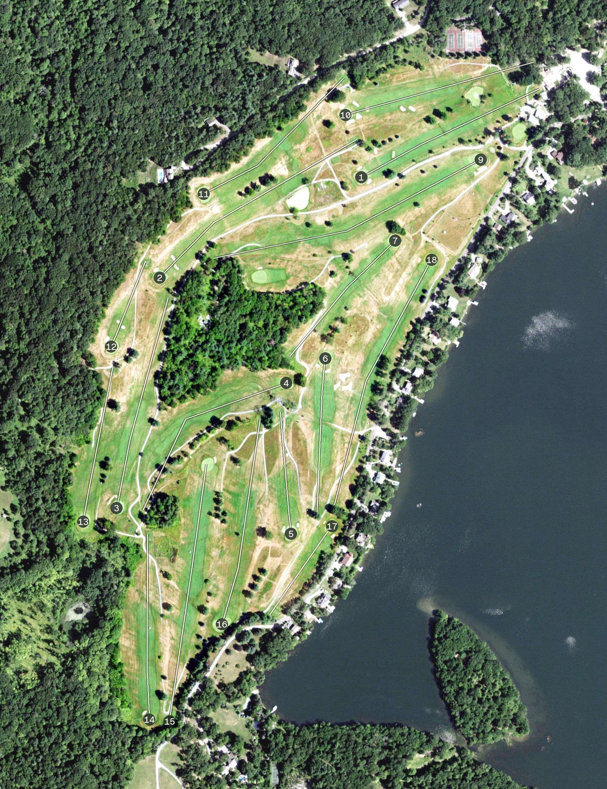 Aerial view of Copake Country Club, NY, with its hole routing marked