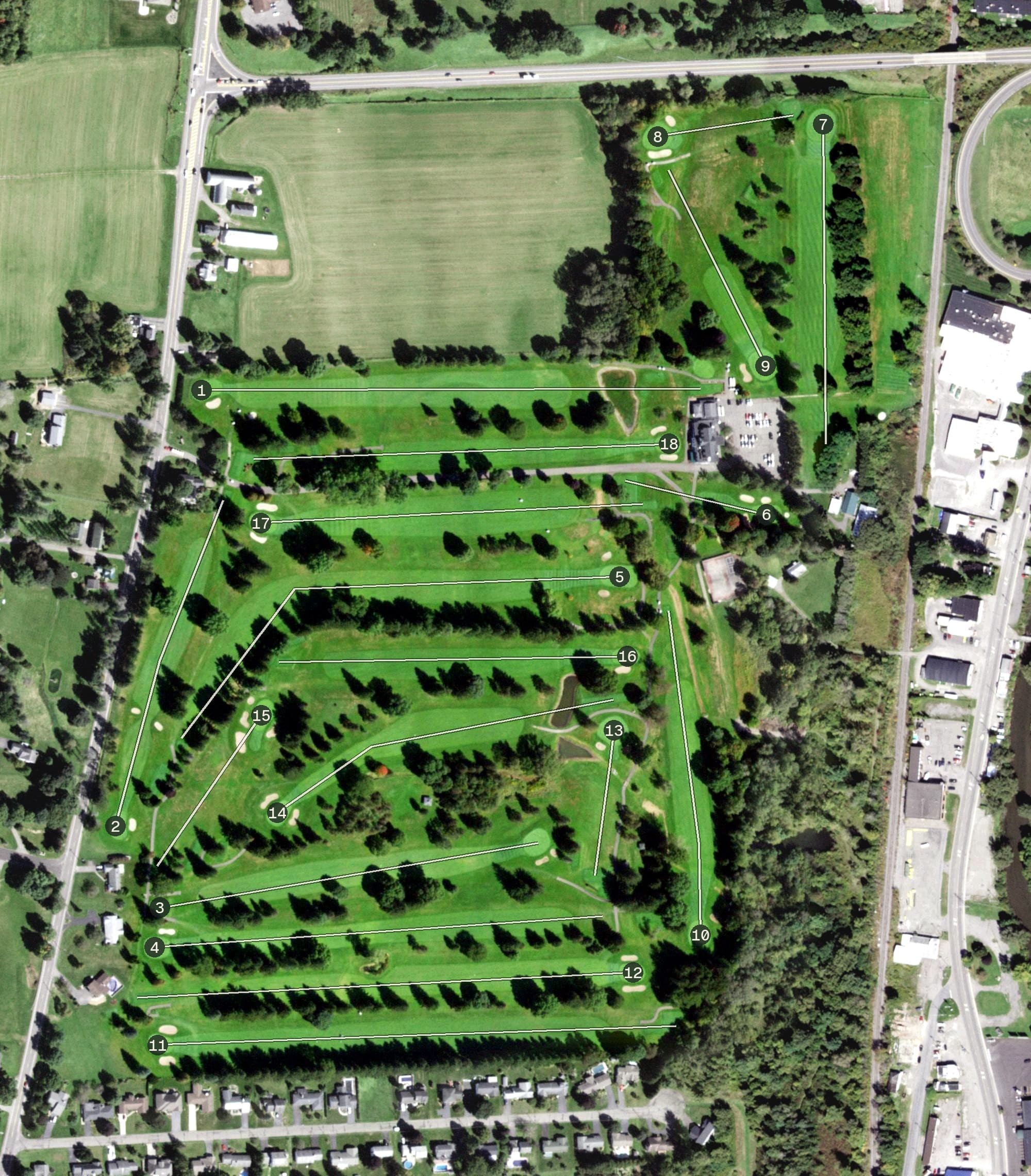 Aerial view of Cortland Country Club, NY, with its hole routing marked