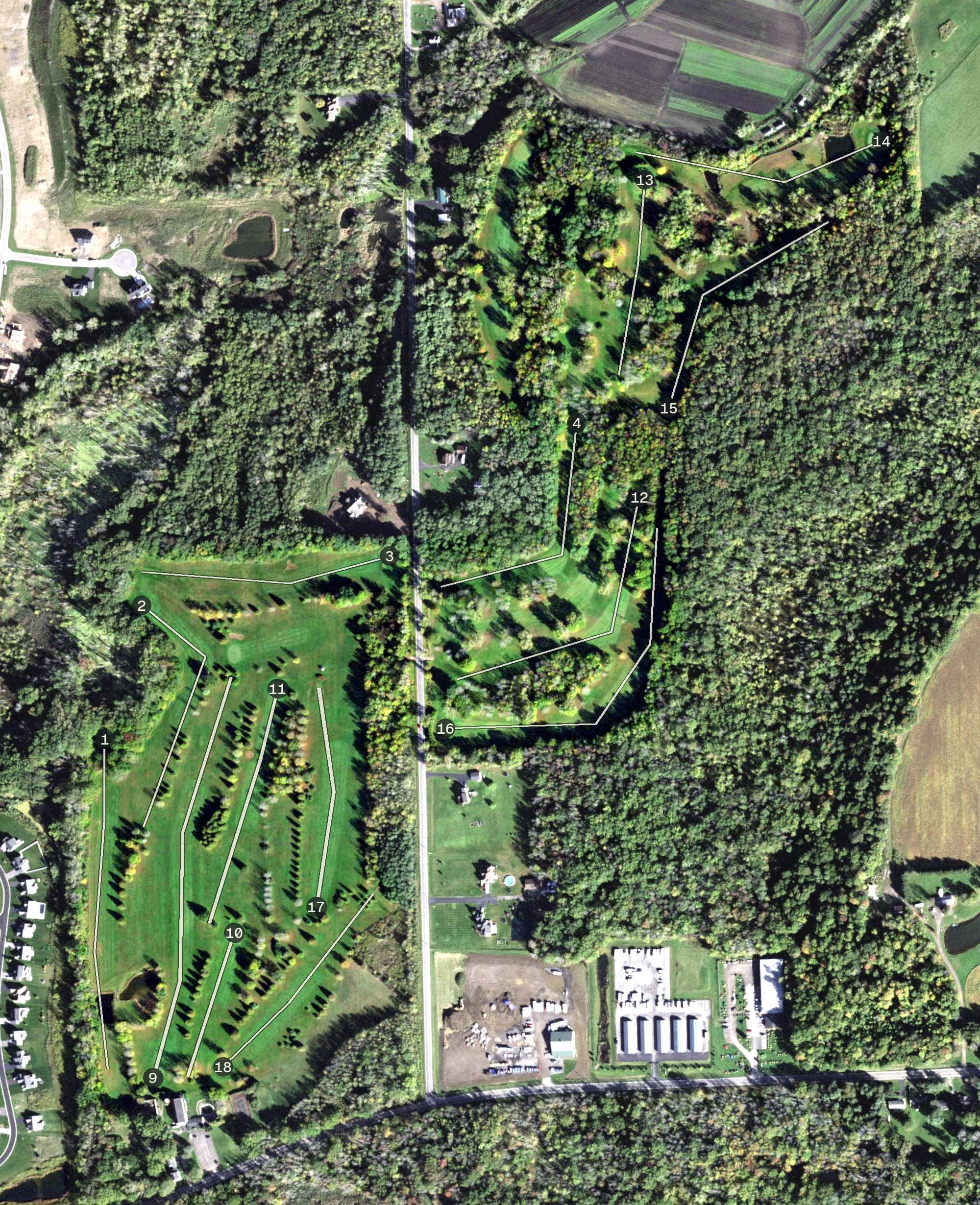 Aerial view of Country Club of Perinton, NY, with its hole routing marked