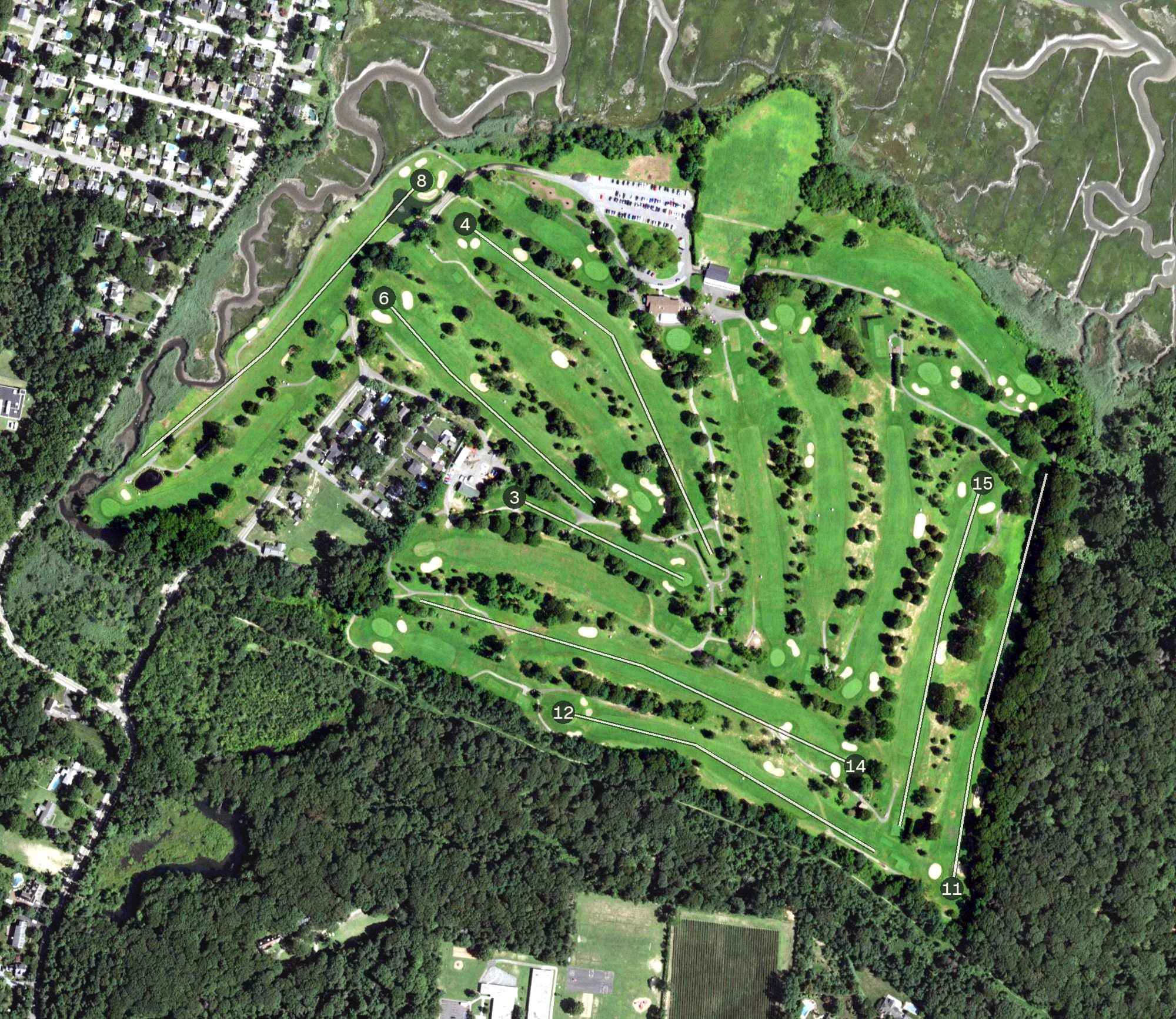 Aerial view of Crab Meadow Golf Course, NY, with its hole routing marked