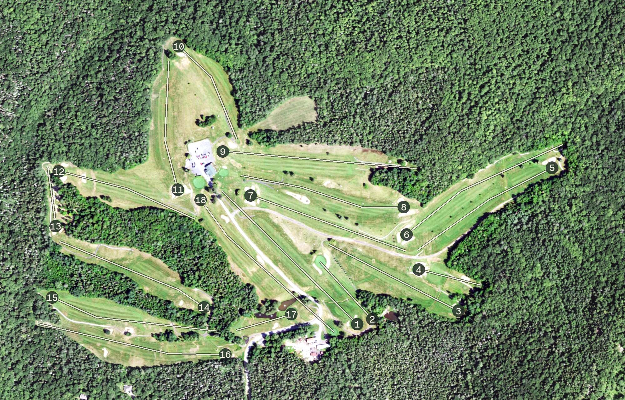 Aerial view of Craig Wood Golf & Country Club, NY, with its hole routing marked