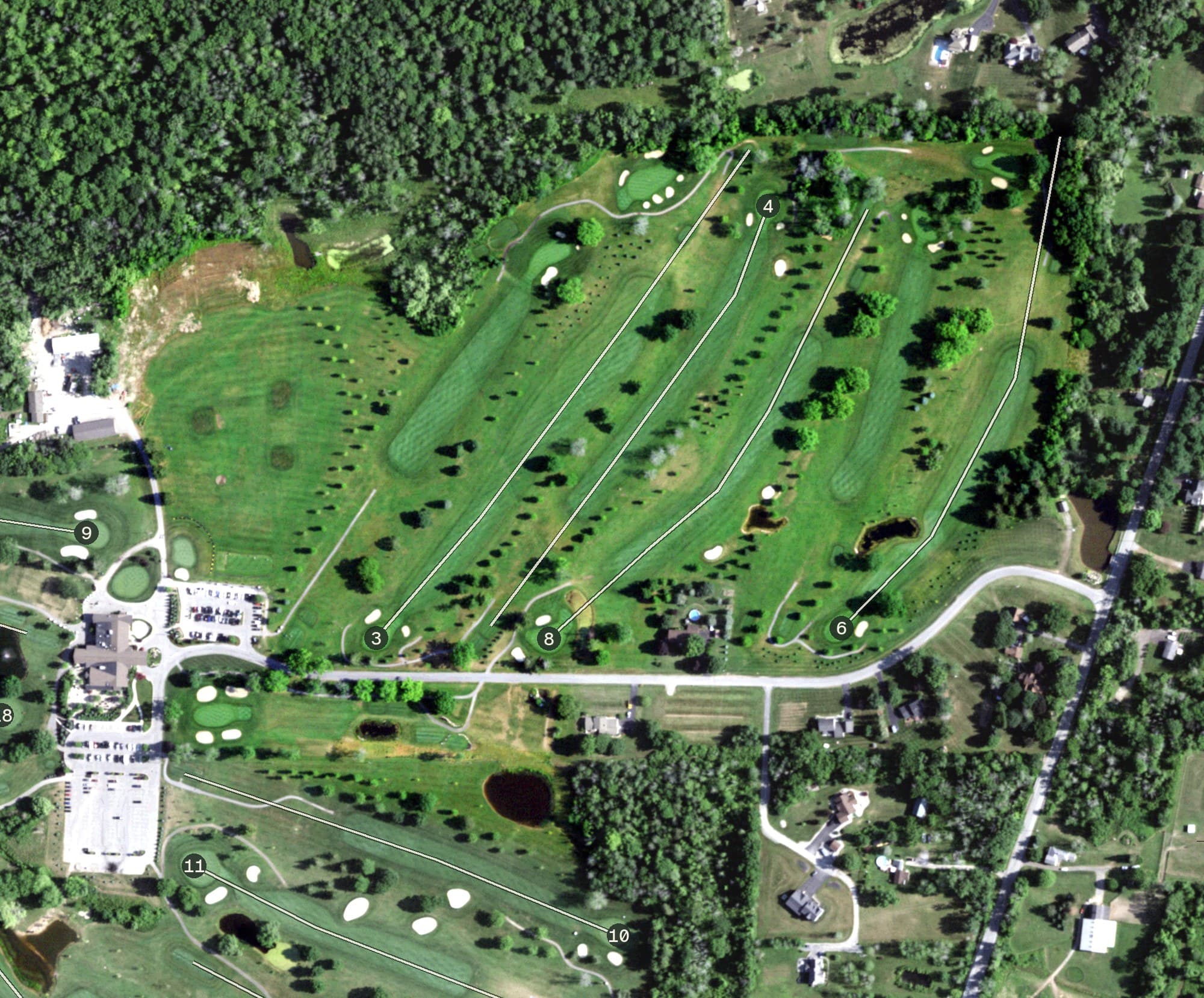 Aerial view of Deerfield Country Club - East, NY, with its hole routing marked